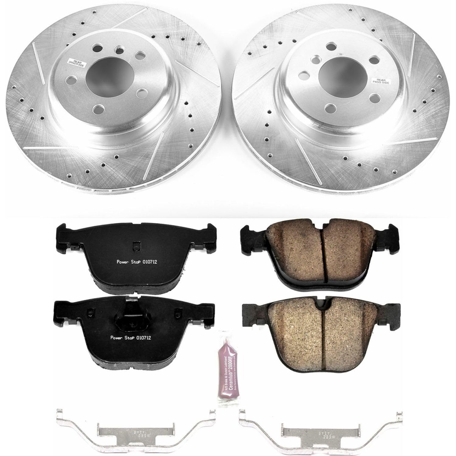 Power Stop K5694 Rear Brake Pads Z23 Carbon Fiber with Drilled & Slotted Brake Rotors Kit For BMW ActiveHybrid 7 2013-2015 [Model Specific]