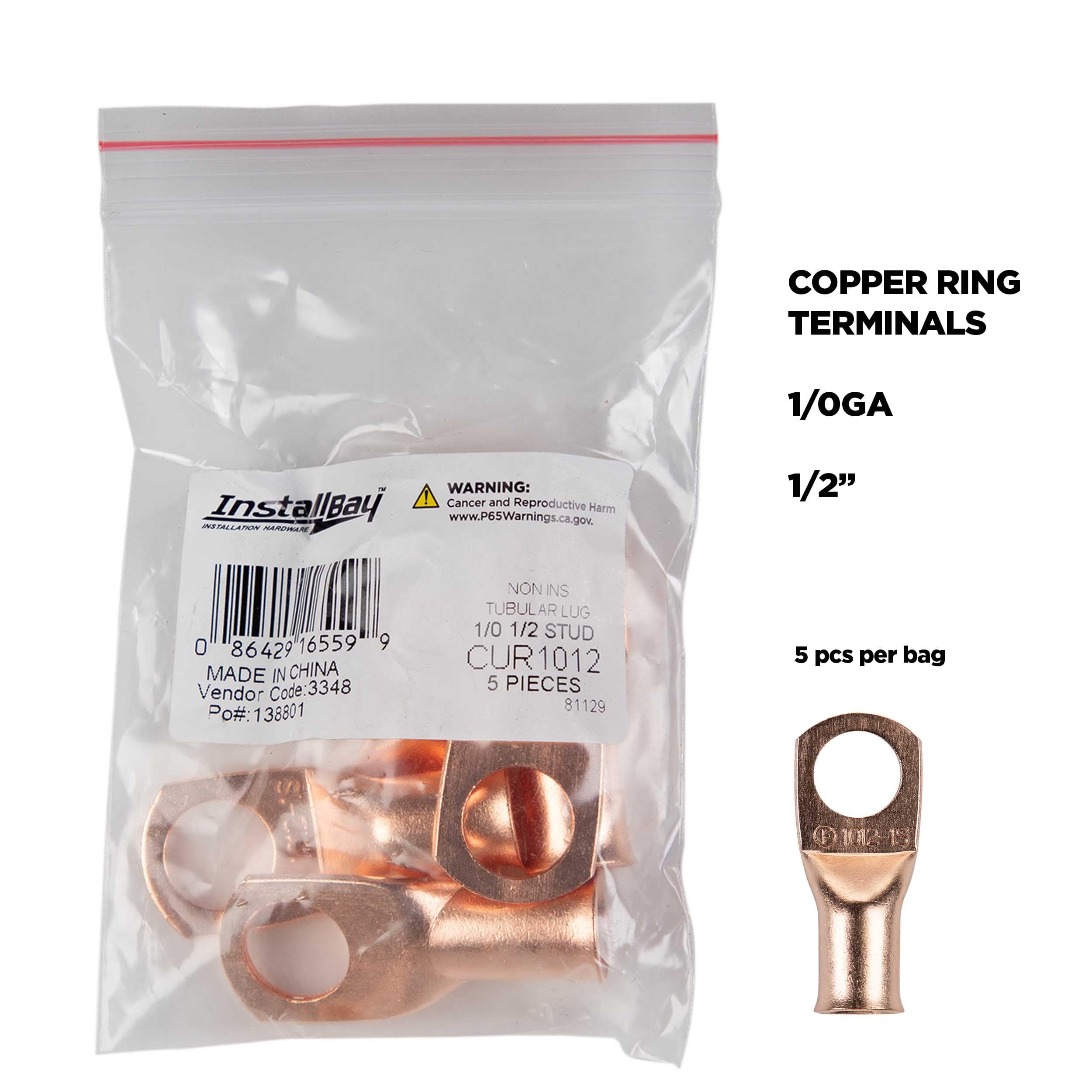 Copper Ring Terminal Install Bay 1/0 Gauge 1/2 Inch 5 Pack - CUR1012