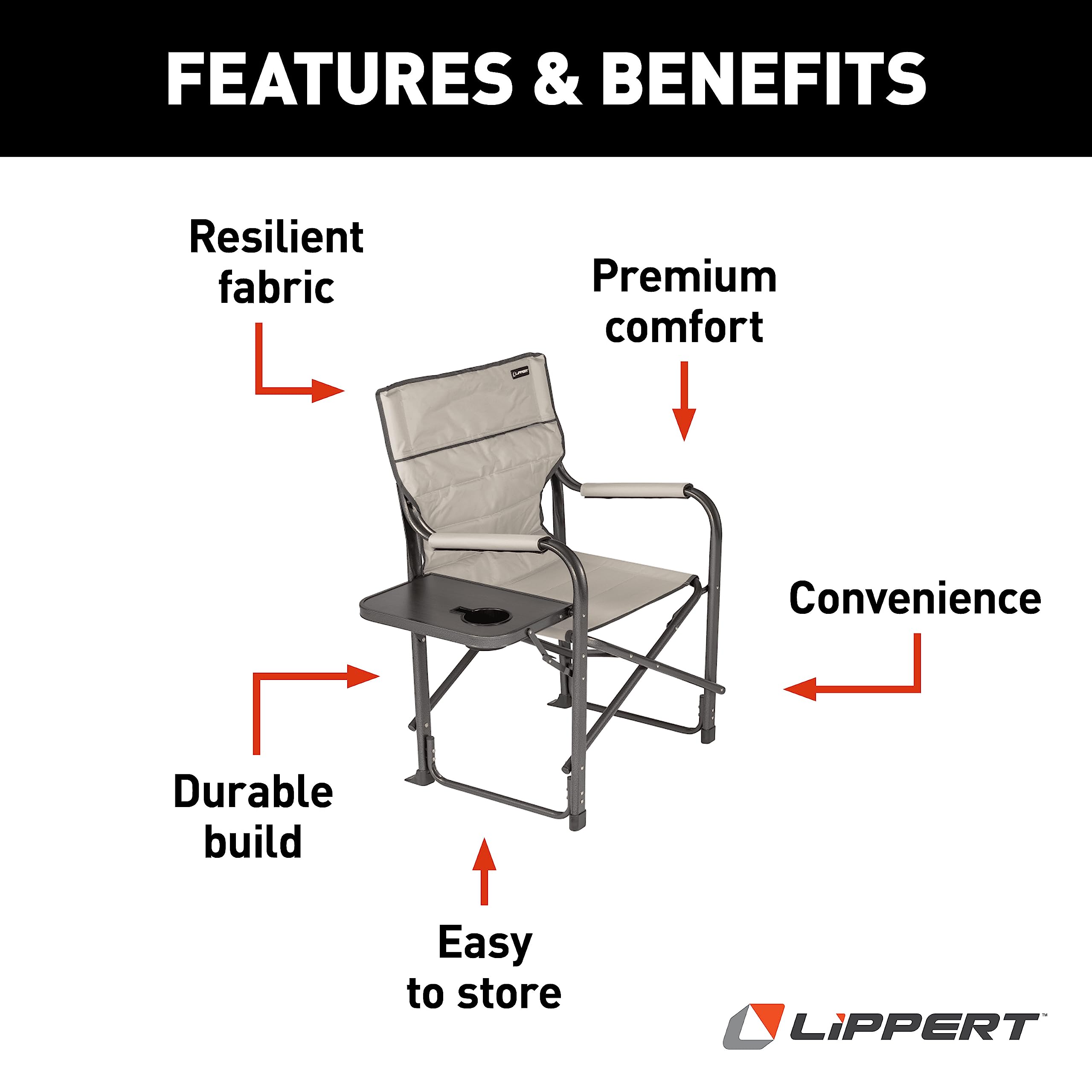 Lippert Components Director Chair Scout Plus with Side Table for Camping, Foldable, Steel Tube Frame, 600D Polyester, UV and Water Resistant PVC Coating, 400 lb. Weight Capacity, Sand - 2021123282