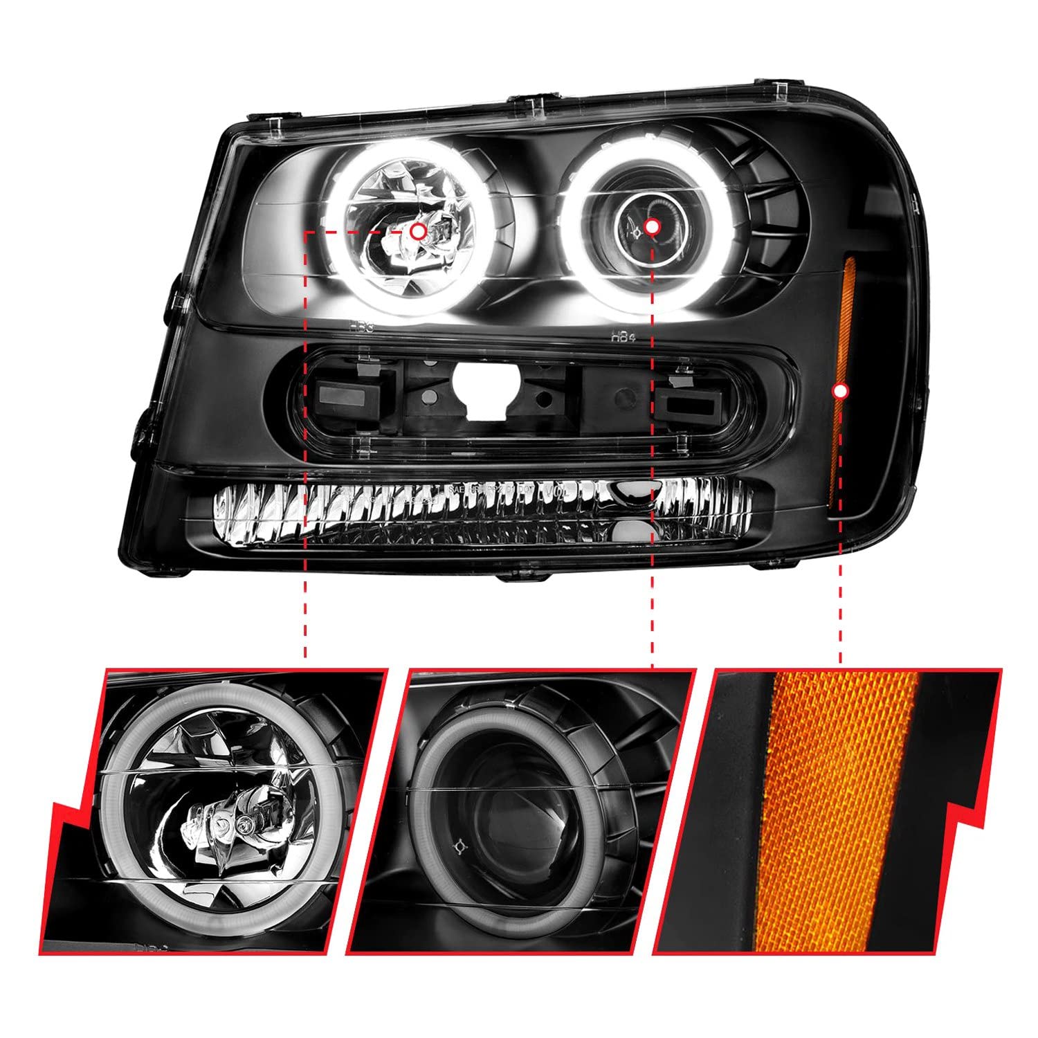 Projector Headlights ANZO - 02-09 Chevrolet Trailblazer (Will Not Fit 06-09 LT) w/Halo Black Housing (111572)