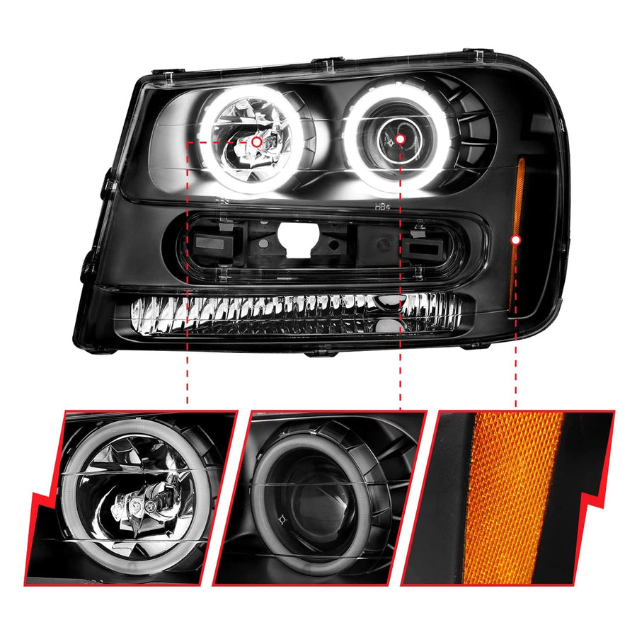 Projector Headlights ANZO - 02-09 Chevrolet Trailblazer (Will Not Fit 06-09 LT) w/Halo Black Housing (111572)