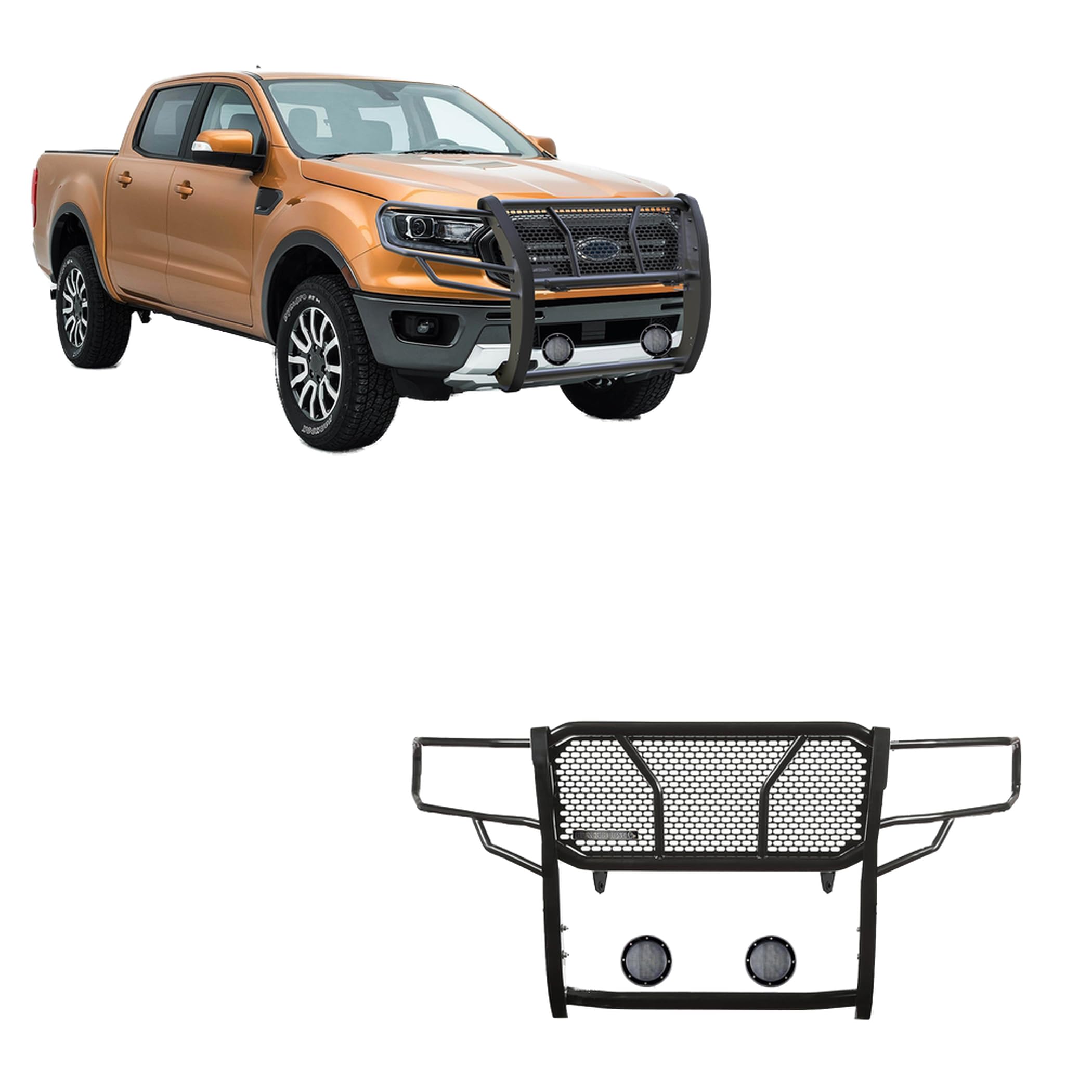 Heavy Duty Black Horse Rugged Grille Brush Bumper Guard Modular Black Come with Pair of 5.3" Dia.LED Lights with Black Trim Rings Compatible with 2019-2023 Ford Ranger-RU-FORA19-B-PLFB