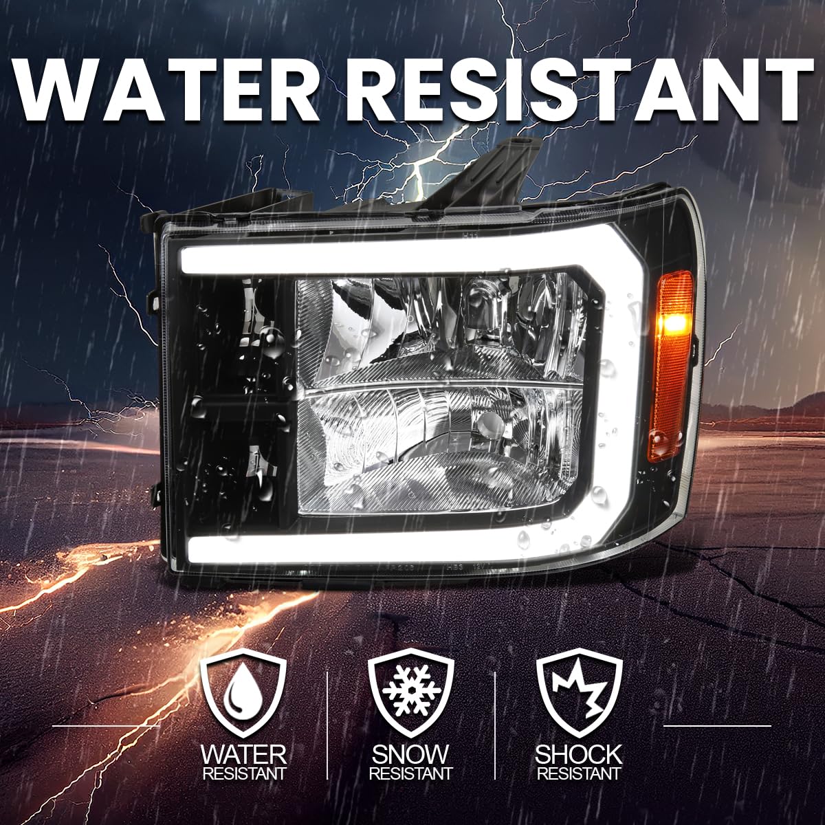Black Headlights w/LED Bar SPEC-D TUNING Compatible with 2007-2013 GMC Sierra 1500, 2500HD, 3500HD, Left + Right Pair Headlamp Assembly