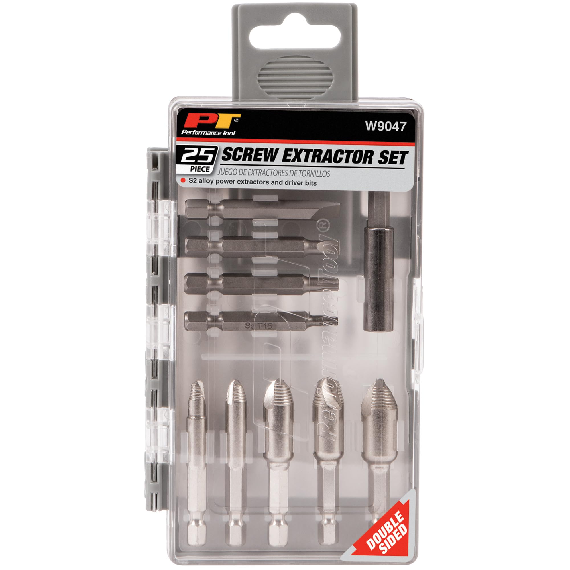 25pc Performance Tool W9047 Screw Extractor Kit with Power and Straight Flute Extractors, Drill Bits, and Driver Bits in a 2-Sided Flip Case