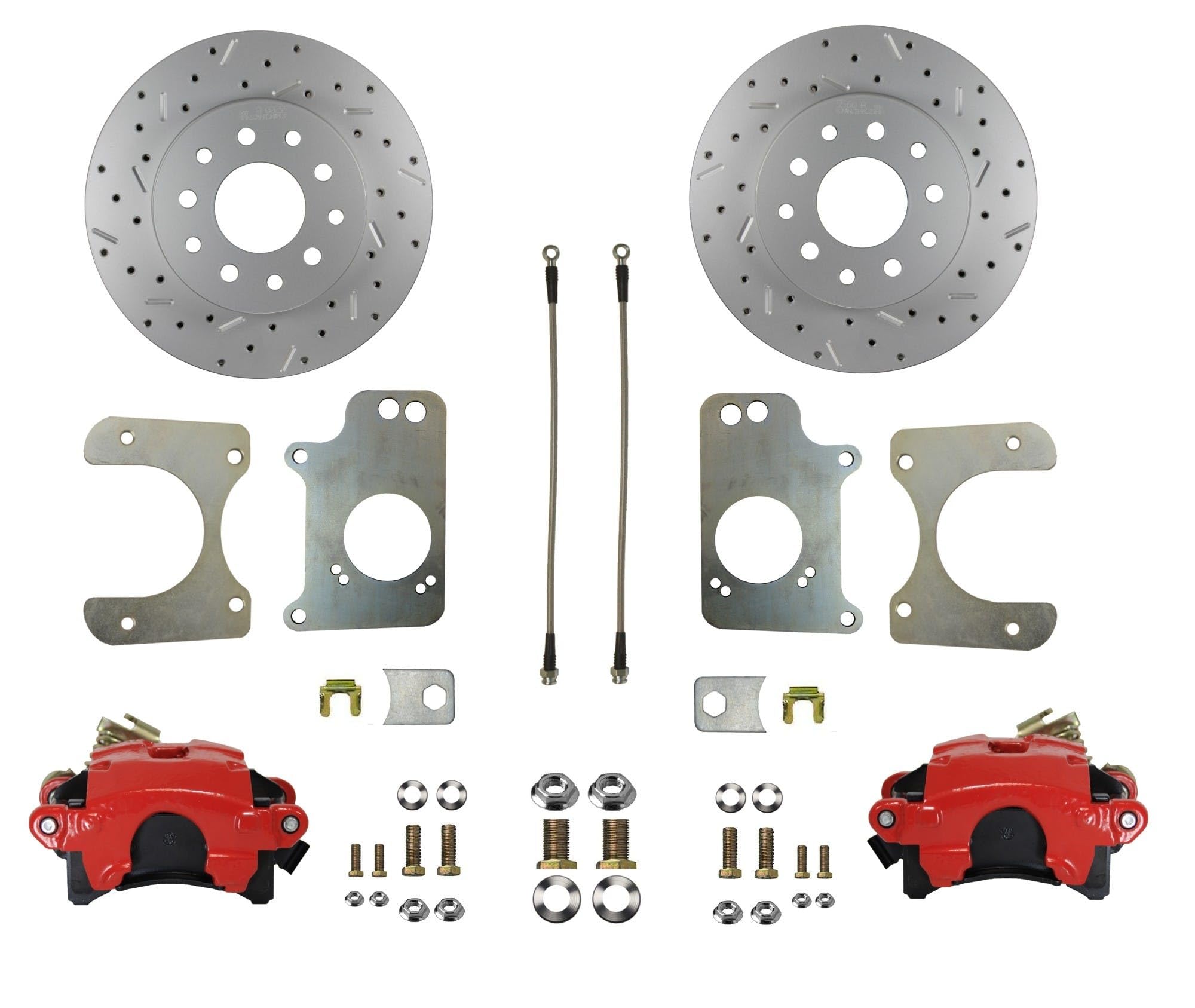 Rear Disc Brake Conversion Kit Leed Brakes - Gm 10 Bolt Axles With 3 Bolt Flange - Red Calipers And Maxgrip Xds