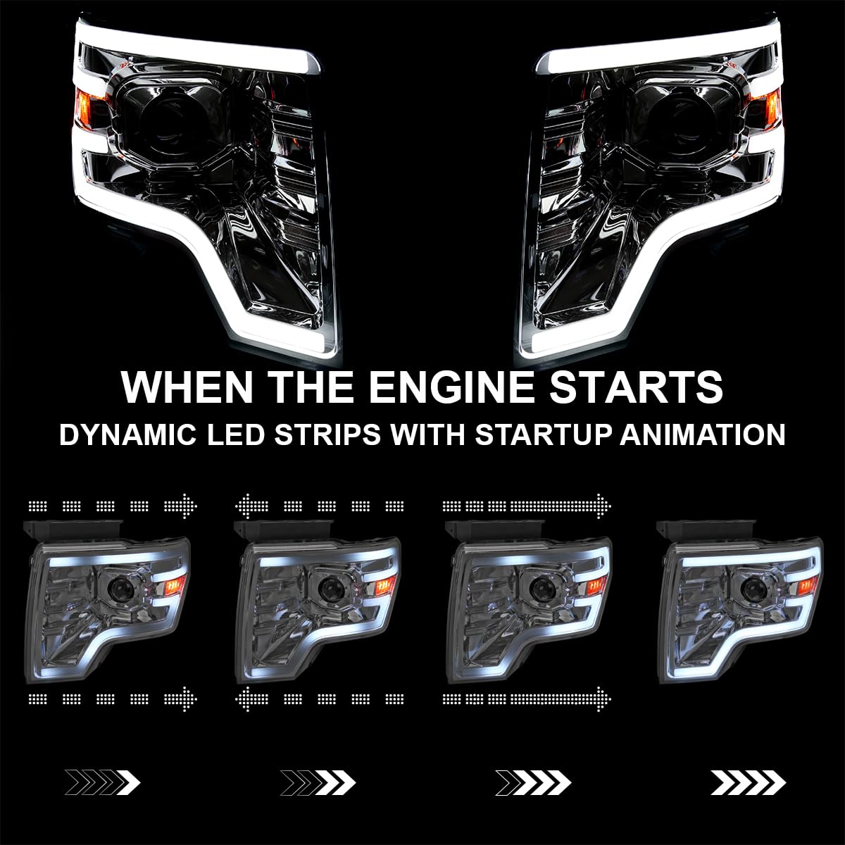 Chrome Projector Headlights SPEC-D TUNING w/Switchback Sequential LED Signal Tube and Startup Animation Compatible with 2009-2014 Ford F150 F-150, Left + Right Pair Headlamps Assembly