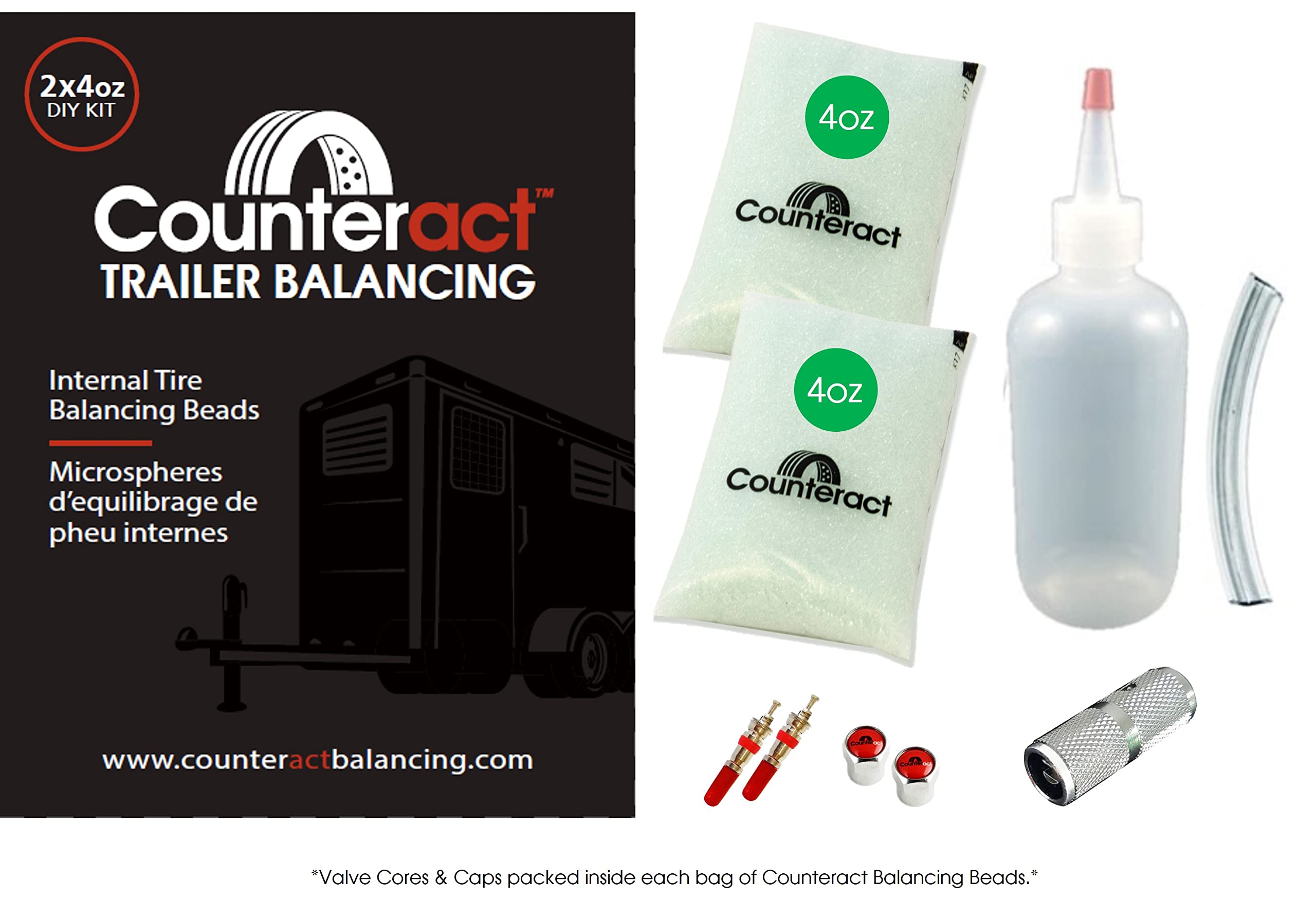 DIY Tire/Wheel Balancing Beads Kit Counteract DIYTK4-2 – for All Trailers, Includes (2) 4oz Bead Bags, (2) Valve Caps & Cores, (1) Core Remover, & Injector Bottle