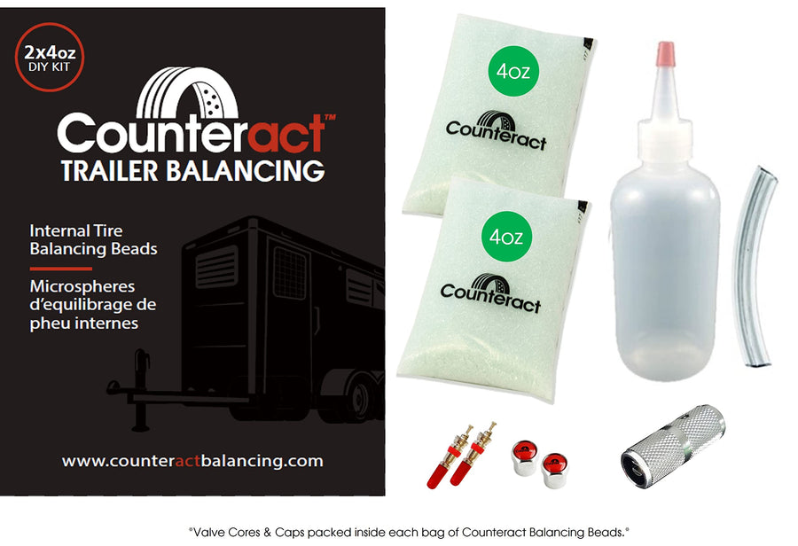 DIY Tire/Wheel Balancing Beads Kit Counteract DIYTK4-2 – for All Trailers, Includes (2) 4oz Bead Bags, (2) Valve Caps & Cores, (1) Core Remover, & Injector Bottle