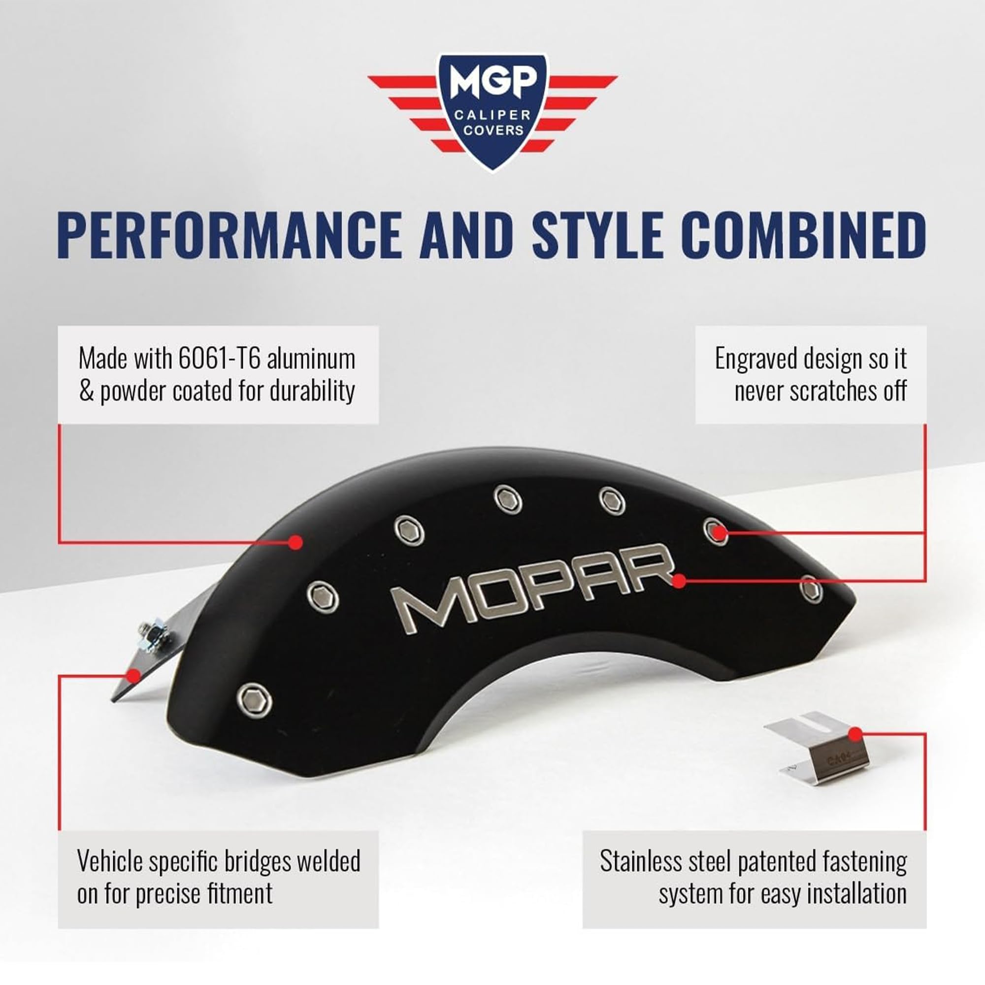Brake Caliper Covers MGP for 2011-2025 Dodge Durango (Requires 17" Wheels or Larger) Red Powder-Coated Finish, Engraved Silver DURANGO Logo, Aluminum Front and Rear Caliper Covers (Set of 4)