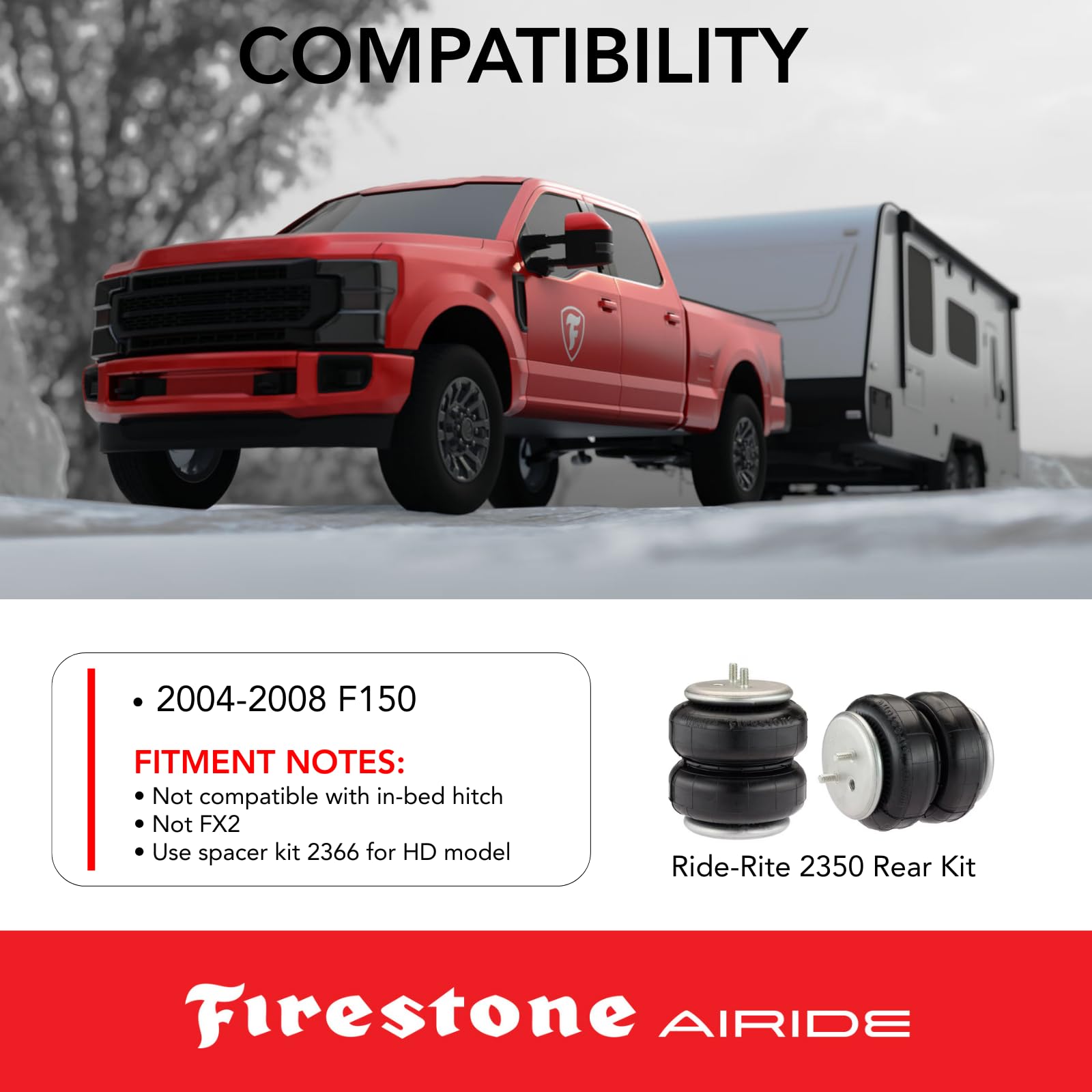 Firestone 2350 Ride-Rite Airide Rear Springs Kit fits 2004-2008 F150 | In-Bed Hitch is not Compatible | 5-100 PSI | Load Capacity of 5,000 Pounds | No Drill Installation