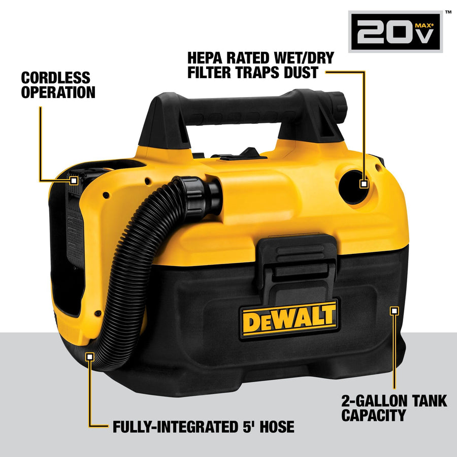 20V MAX DEWALT Cordless Shop Vac, Wet Dry Vacuum Cleaner, Portable 2 Gallon Wet Dry Vac, Strong Suction Shop Vacuum with Hepa Filter, Tool Only (DCV580H)
