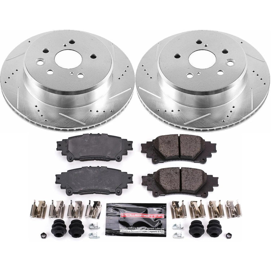Power Stop K6514 Rear Brake Pads Z23 Carbon Fiber with Drilled & Slotted Brake Rotors Kit For GS200t, GS300, GS350, GS450h, IS200t, IS300, IS350, RC200t, RC300, RC350 [Model Specific]