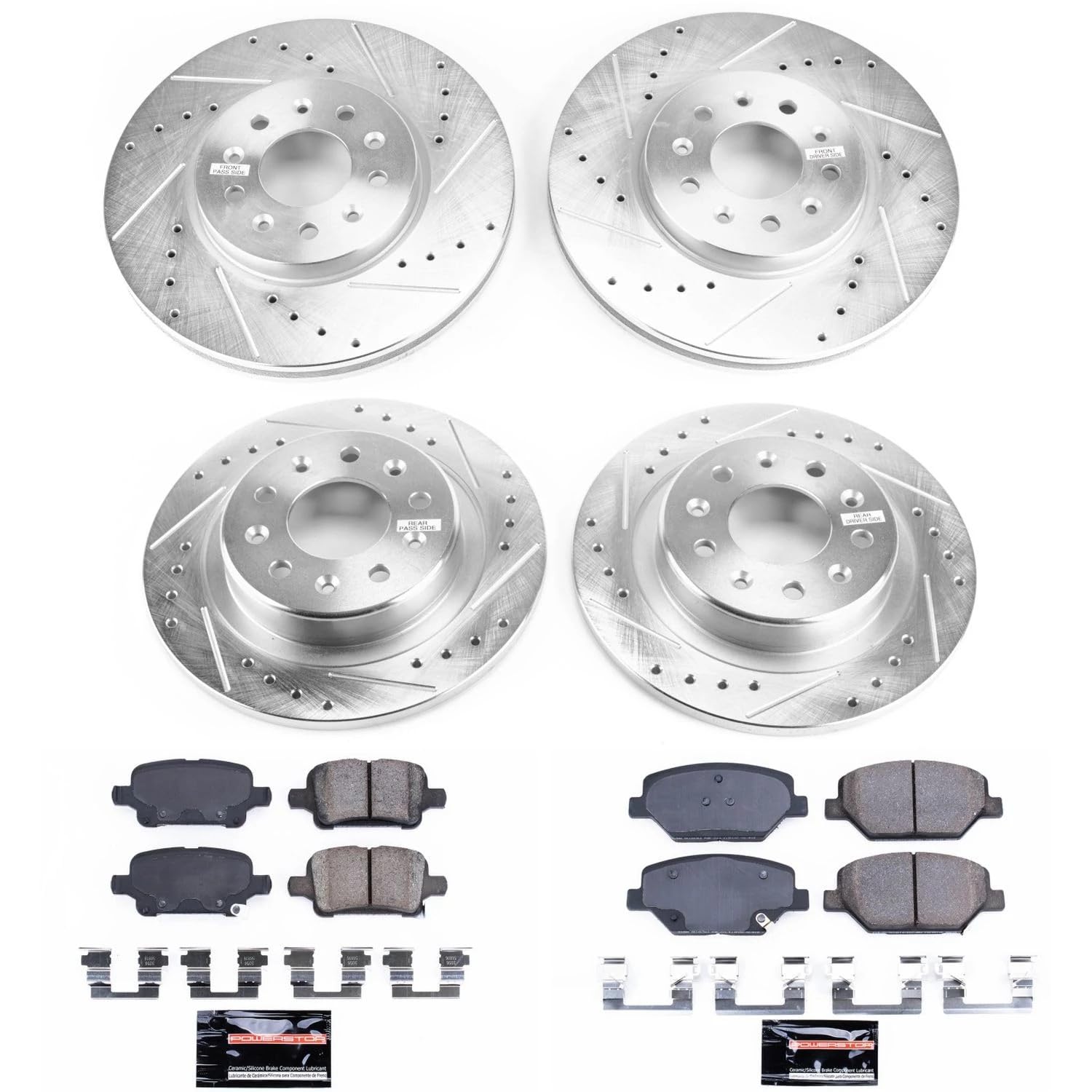 Power Stop K7557 Z23 Carbon Fiber Brake Pads Front and Rear with Drilled & Slotted Brake Rotors Kit For Buick LaCrosse, Buick Regal Sportb, Buick Regal TourX, GMC Terrain [Model Specific]