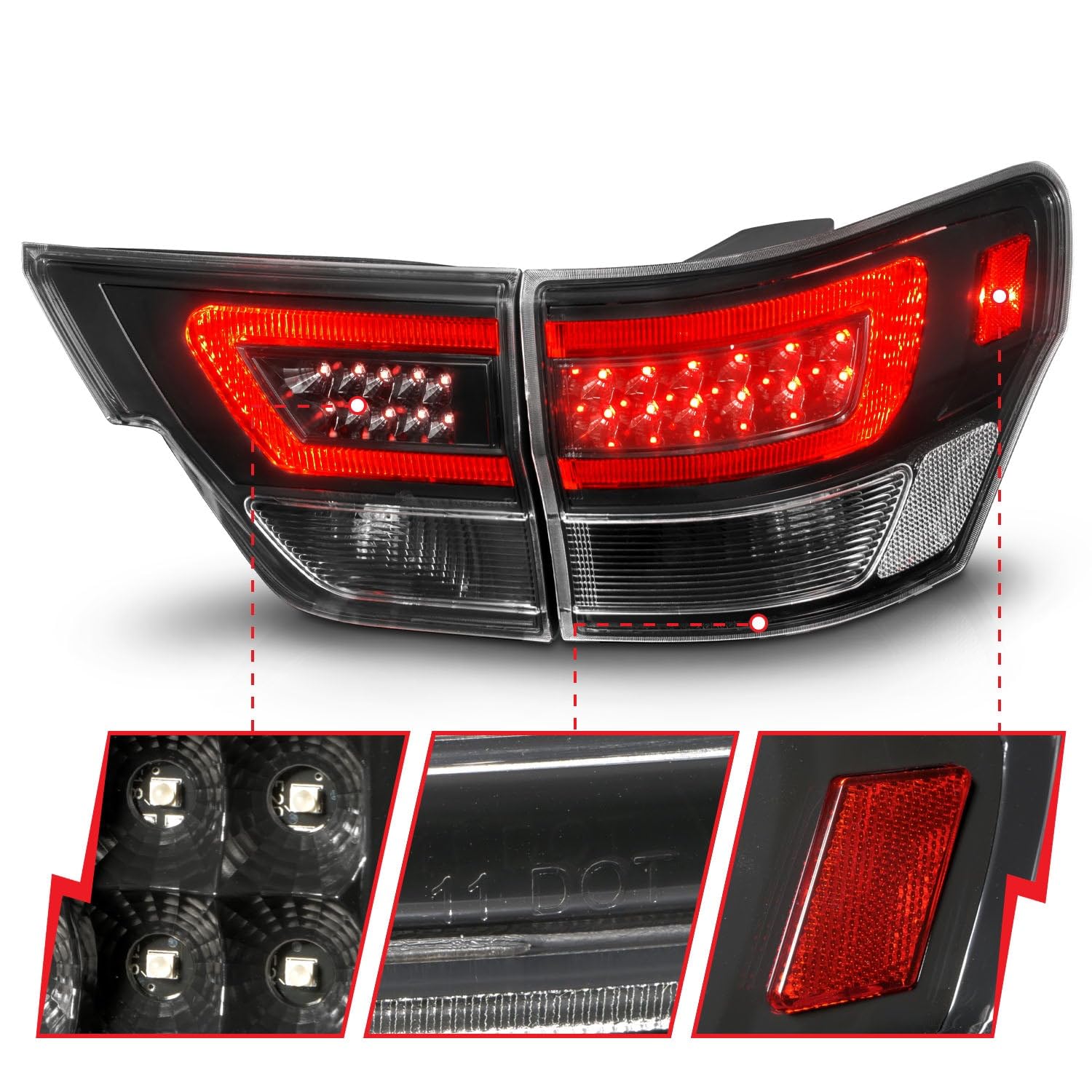 11-13 Jeep Grand Cherokee ANZO LED Taillights w/Lightbar Black Housing/Clear Lens 4pcs