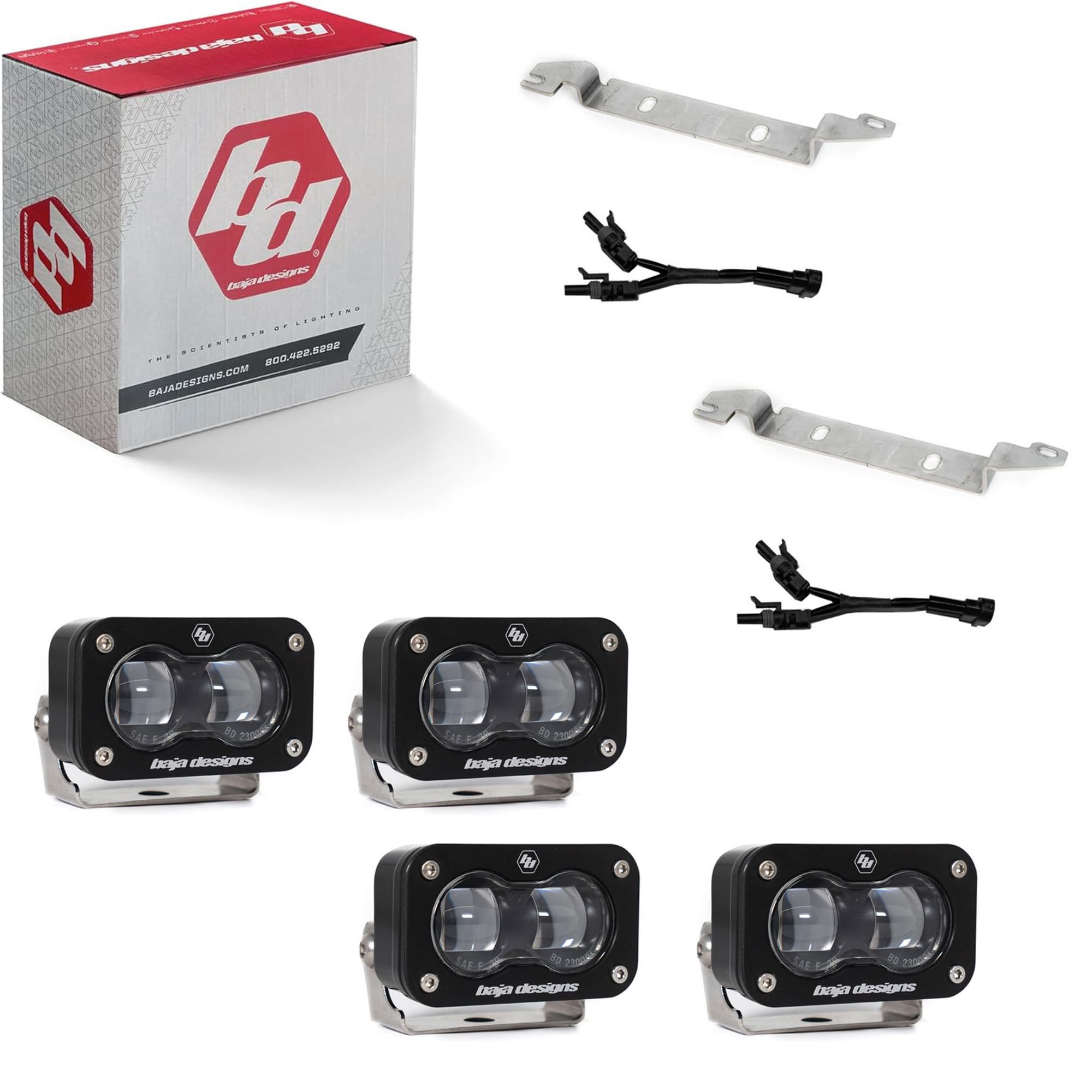 Baja Designs S2 LED Fog Light Kit SAE for Toyota 4Runner 2025+ (Non-TRD Pro) - Street Legal, 4 PCS LED with Mounting Brackets, Adapter Harness - OEM Switch Compatible (SAE Spot Lens; Clear)
