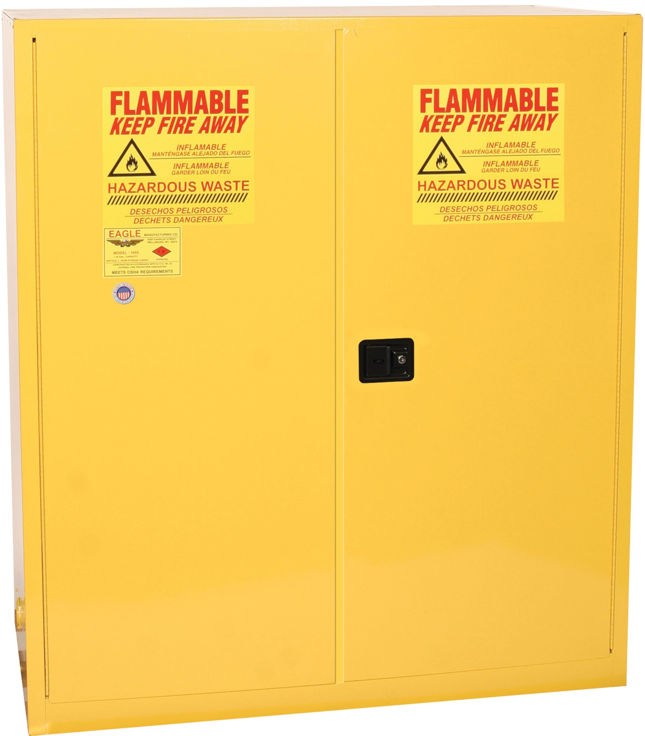 110 Gallon Eagle Haz-Mat Safety Cabinet, Two Drum Vertical, 1 Shelf, 2 Door, Self-Close, Yellow, HAZ5510X