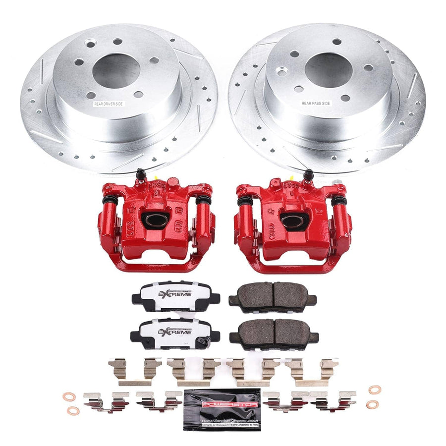 Rear POWERSTOP Z26 Street Warrior Brake Pads and Rotors Kit with Red Powder Coated Calipers For Nissan Sentra 2019 [Vehicle Specific]