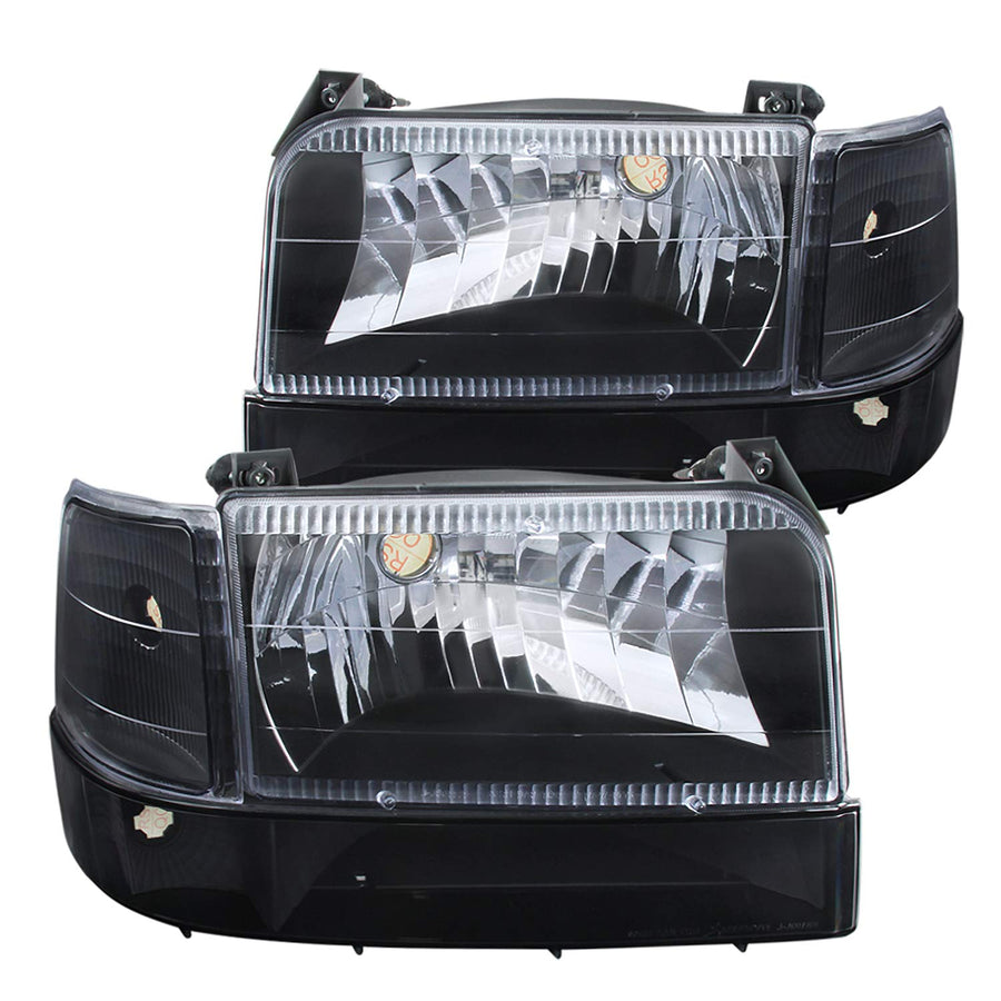 Bronco Spec-D Tuning Black Headlights + Bumper Lights Signal Lights + Corner Lights Lamps Compatible with Ford F150 1992-1996 L+R Pair Assembly