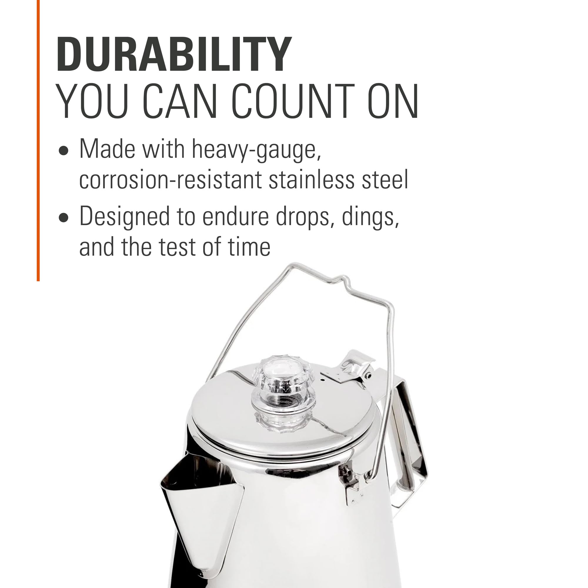 GSI Outdoors Coffee Pot Percolator I Glacier Stainless Steel Ultra-Rugged for Brewing Coffee Over Stove and Fire | Ideal for Group Camping, 8 Cup