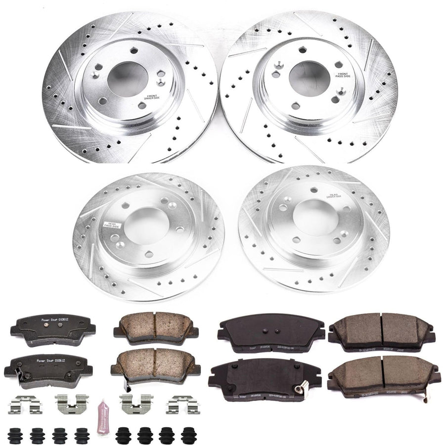 Power Stop K8285 Z23 Carbon Fiber Brake Pads Front and Rear with Drilled & Slotted Brake Rotors Kit For Hyundai Elantra 2017-2020 [Model Specific]