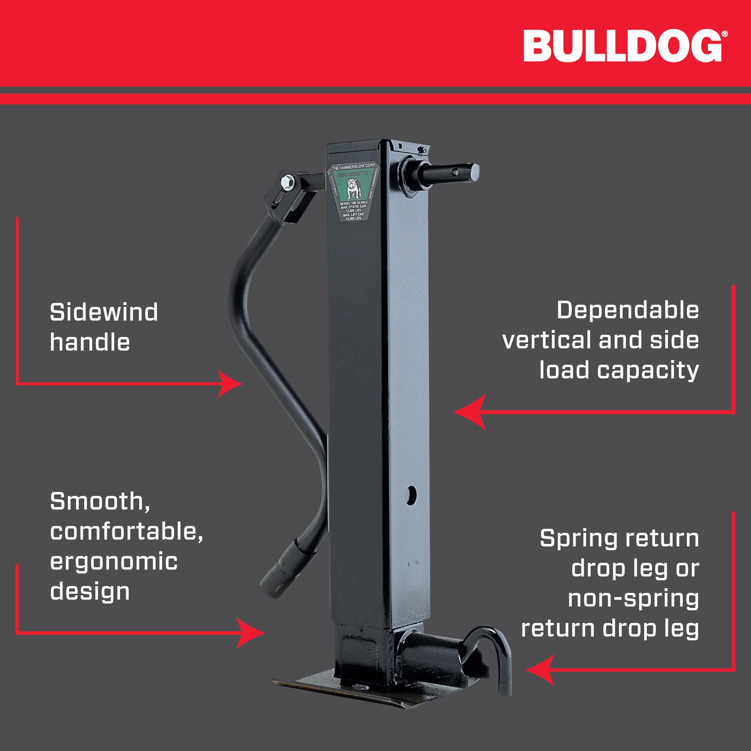 Bulldog HD Square Trailer Jack 182804, 12,000 lbs. Support Capacity, Sidewind, 12-1/2 Inch Travel, Direct Weld - Spring Return, Drop Leg Pull Pin to The Side, Handle Inc.