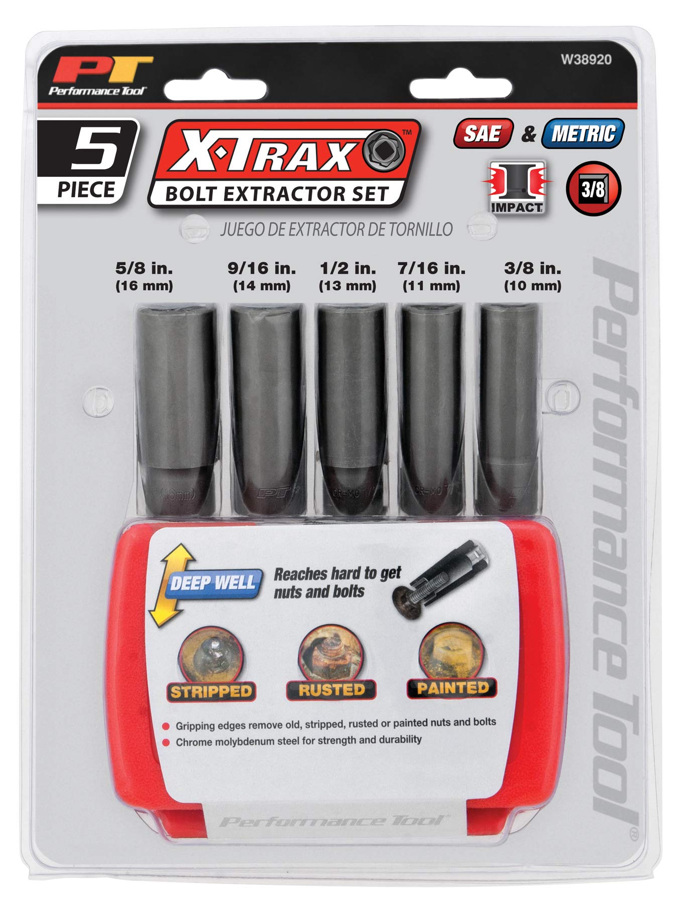 W38920 Performance Tool 3/8-Inch Drive 5 Piece Deep Wall Bolt Extractor Set (Metric/SAE)