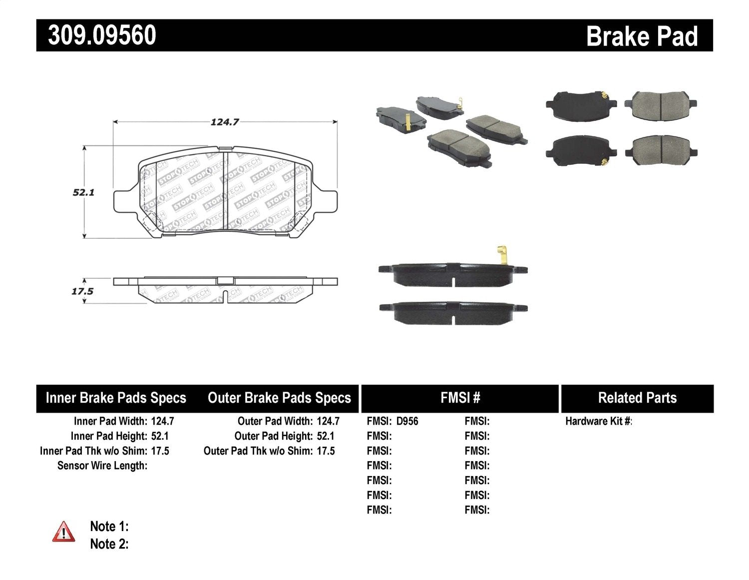 Sport Brake Pads StopTech 309.09560 with Shims and Hardware