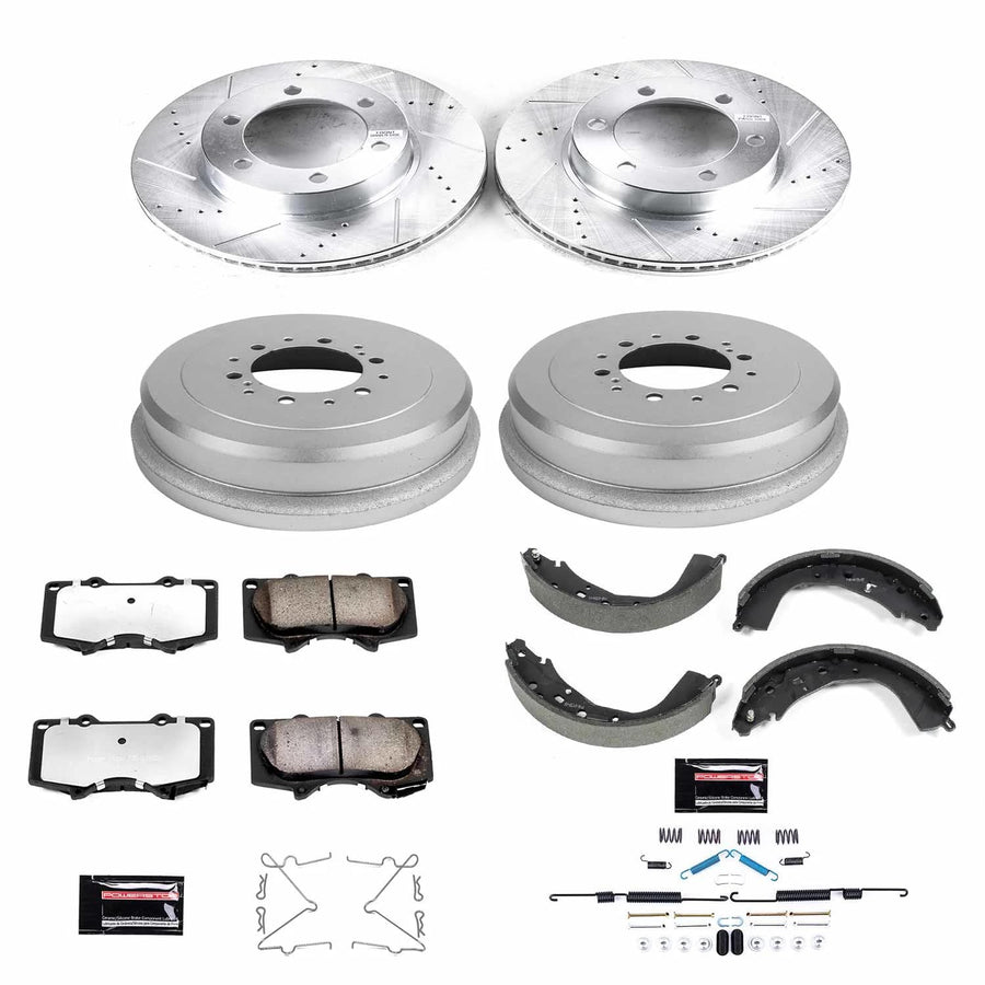 Power Stop Brake Kit Front and Rear For 2003 2004 2005 2006 Toyota Tundra - Truck & Tow Carbon Fiber Ceramic Pads, Drums, & Drilled and Slotted Rotors Replacement, K15214DK-36