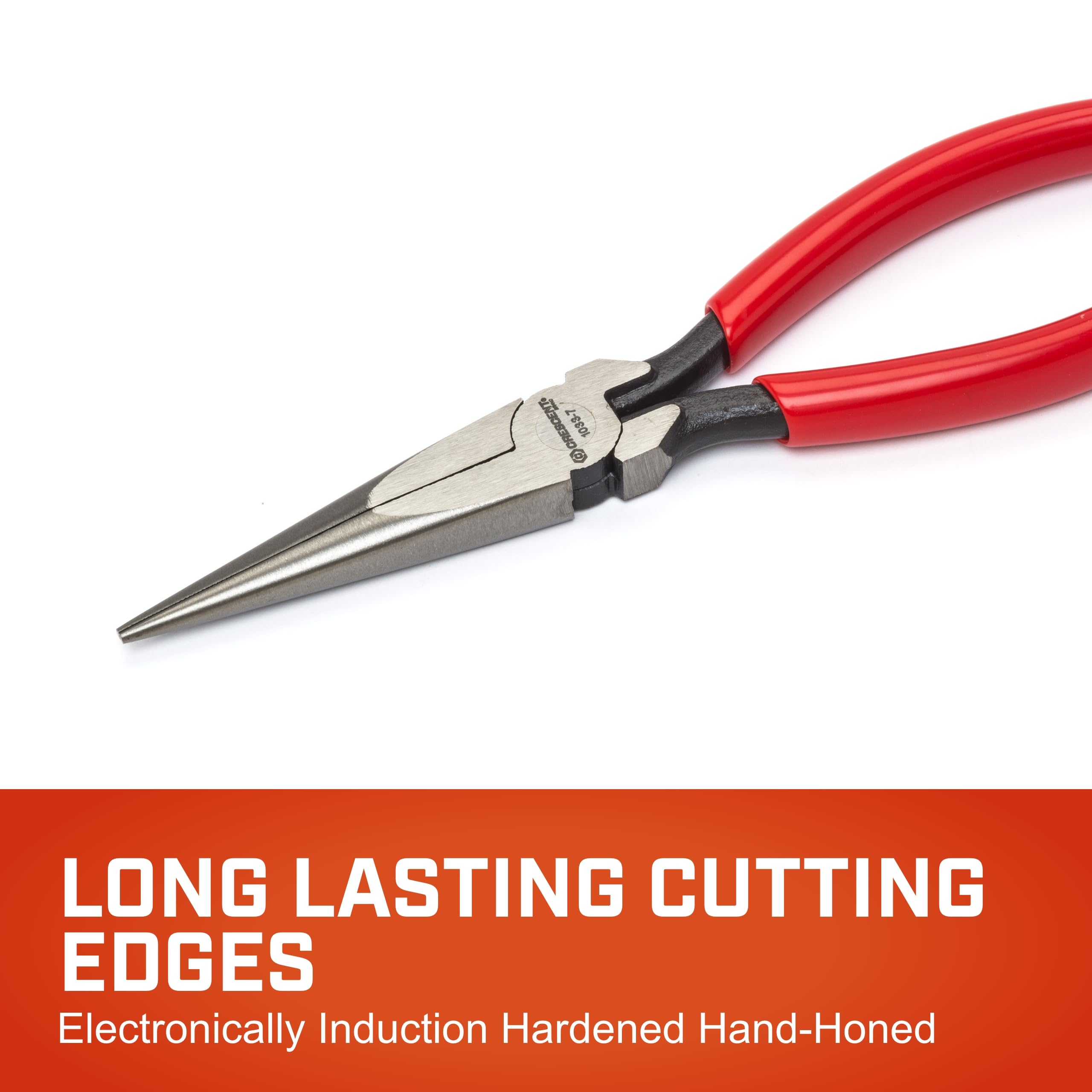 Crescent 7-1/2" Long Pliers Chain Nose - Needle-Nose Pliers for Bending, Gripping & Twisting - Long Reach Pliers with Serrated Jaws & Dipped Handle Grips - Resists Rust & Corrosion - 10336CVN