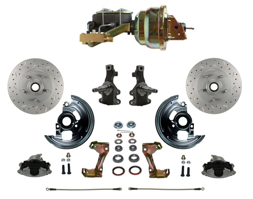 Power Front Disc Brake Conversion Kit LEED BRAKES 2" Drop Spindle Cross Drilled And Slotted Rotors With 8" Dual Zinc Booster Cast Iron M/C Disc/Drum Side Mount