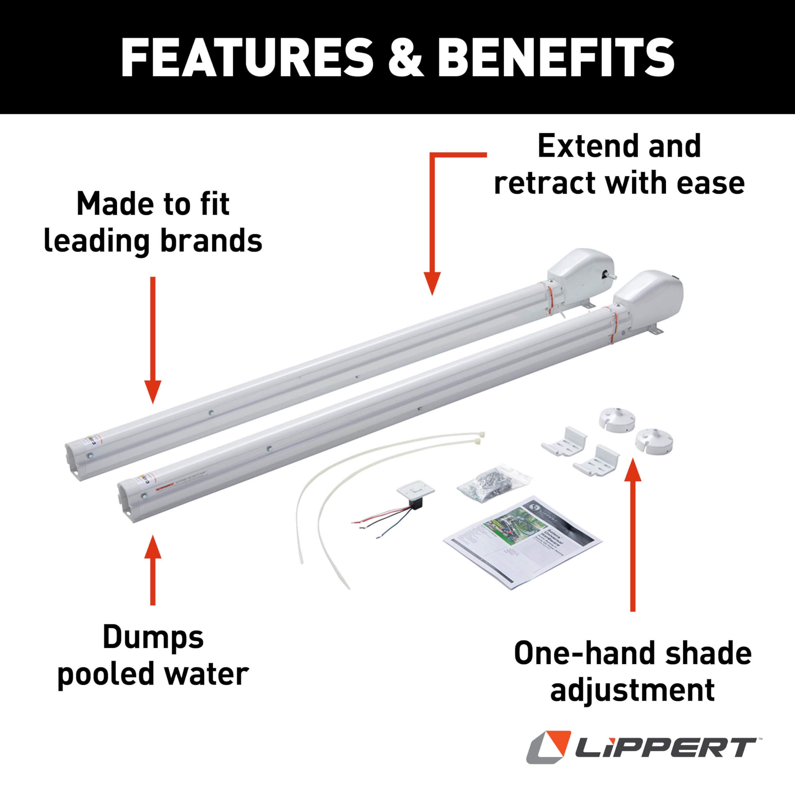 3000 Series Solera Short White Universal RV Awning Arms & Hardware Kit with One-Touch Power Extend/Retract, One-Handed Adjustable Pitch Projection, Auto Rain Dump - 2023052357