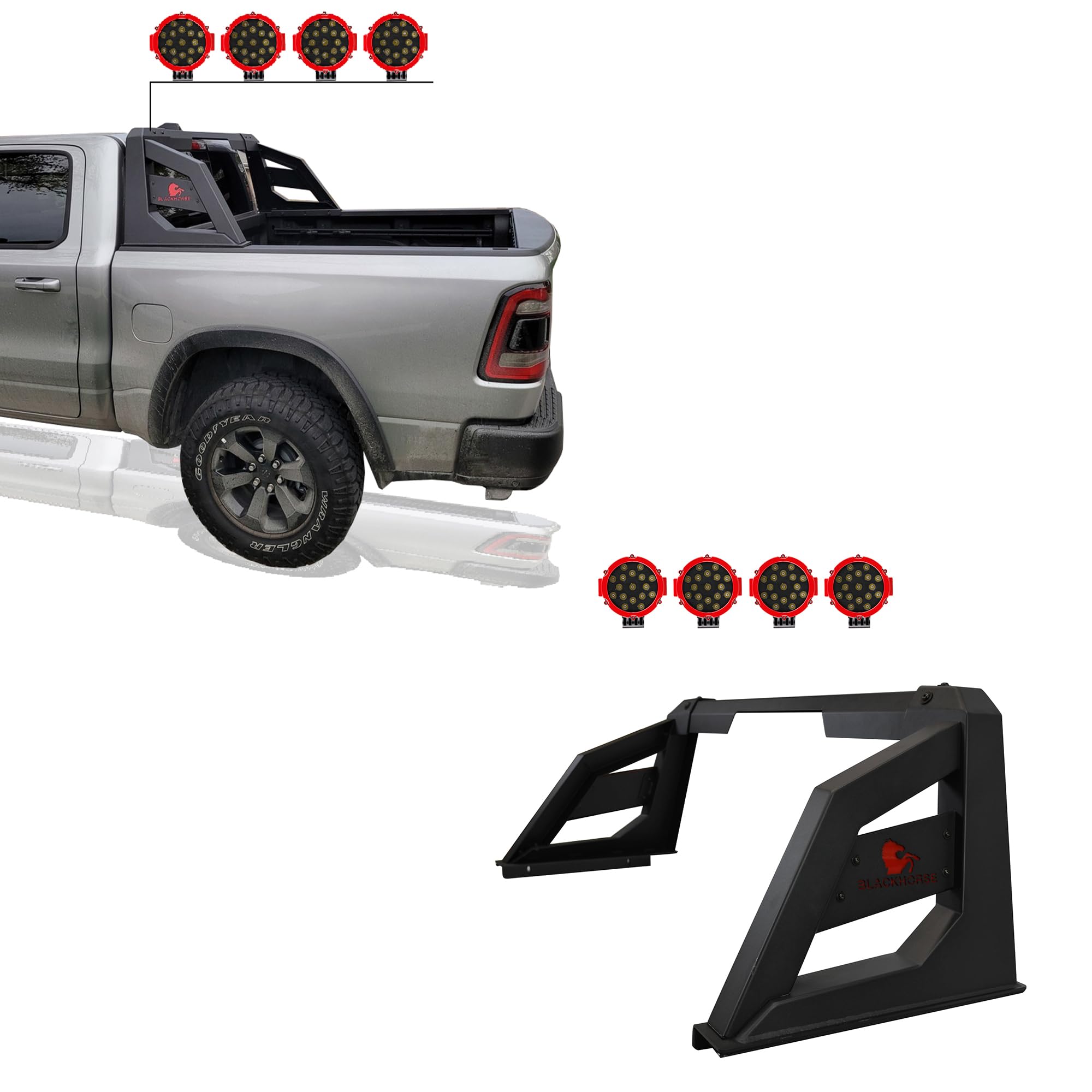 Armour Black Horse Roll Bar Incl. Pair of 7.0" Dia. LED Lights w/Red Trim Rings Matte Black Compatible with 2005-2021 Nissan Frontier-ARB-NIFRB-PLR