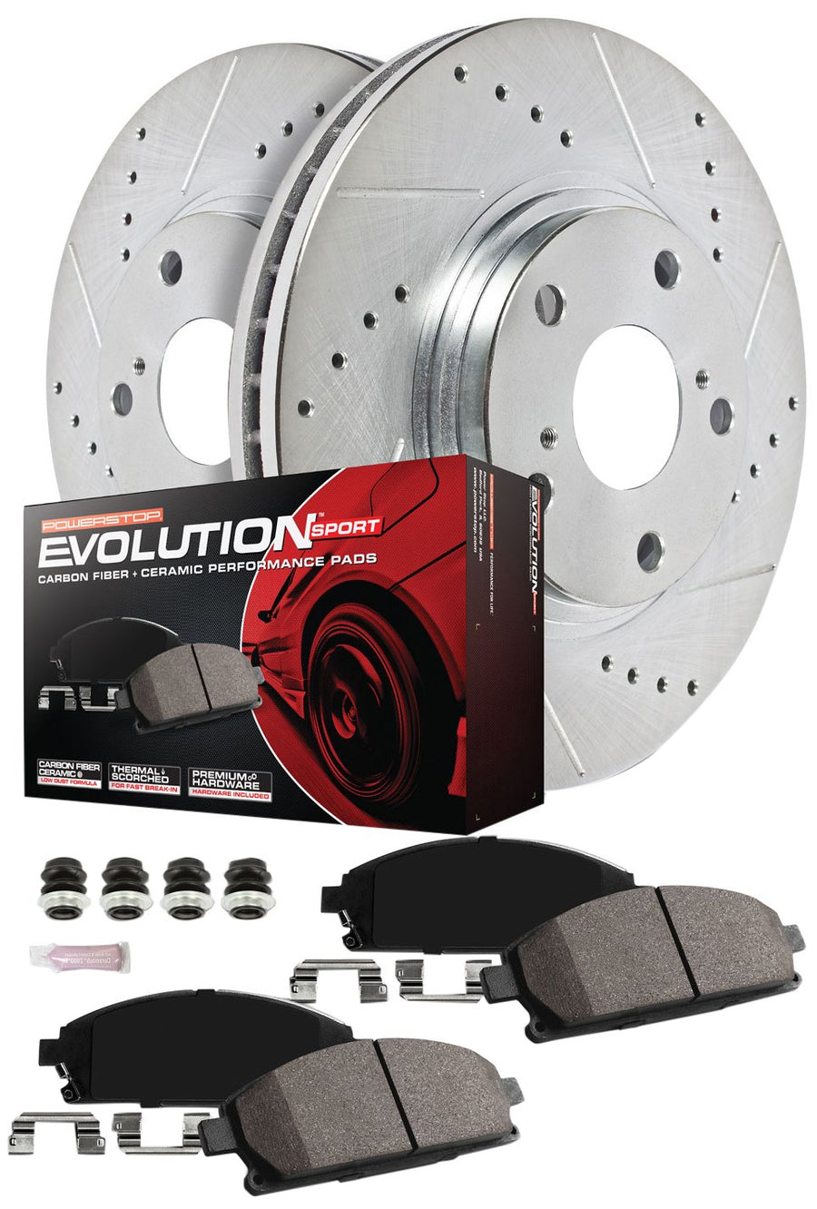 Power Stop K7322 Z23 Carbon Fiber Brake Pads Front and Rear with Drilled & Slotted Brake Rotors Kit