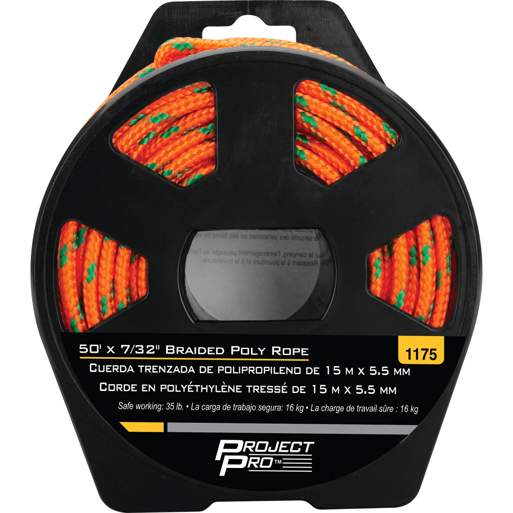 50 ft. Performance Tool 1175 x 7/32 in. Braided Polypropylene Rope, Reel Included, Orange