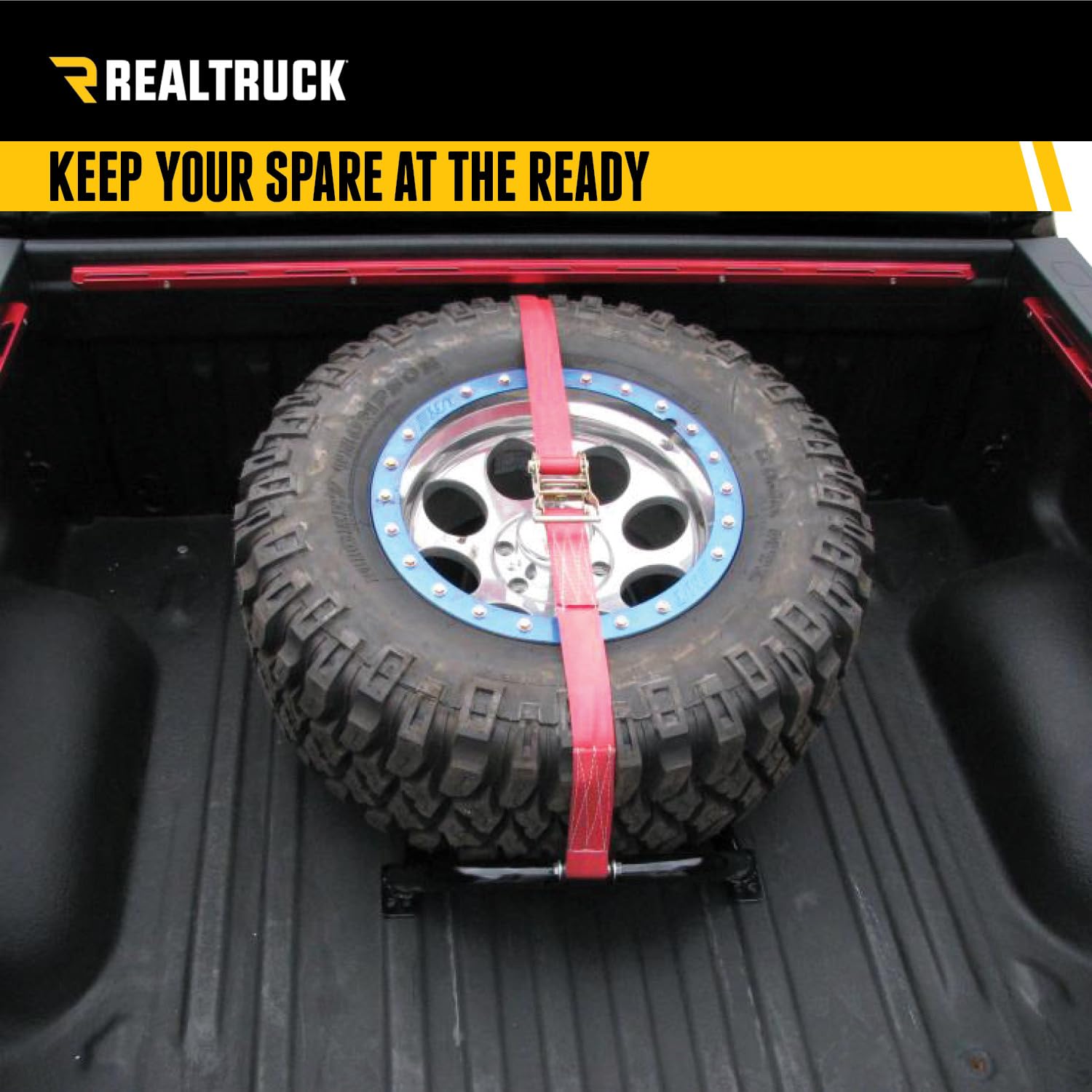 Truck Bed Tire Carrier RealTruck | Textured Black, Blue Strap, Solid Welded Construction | BM1TCBK-TX | Universal