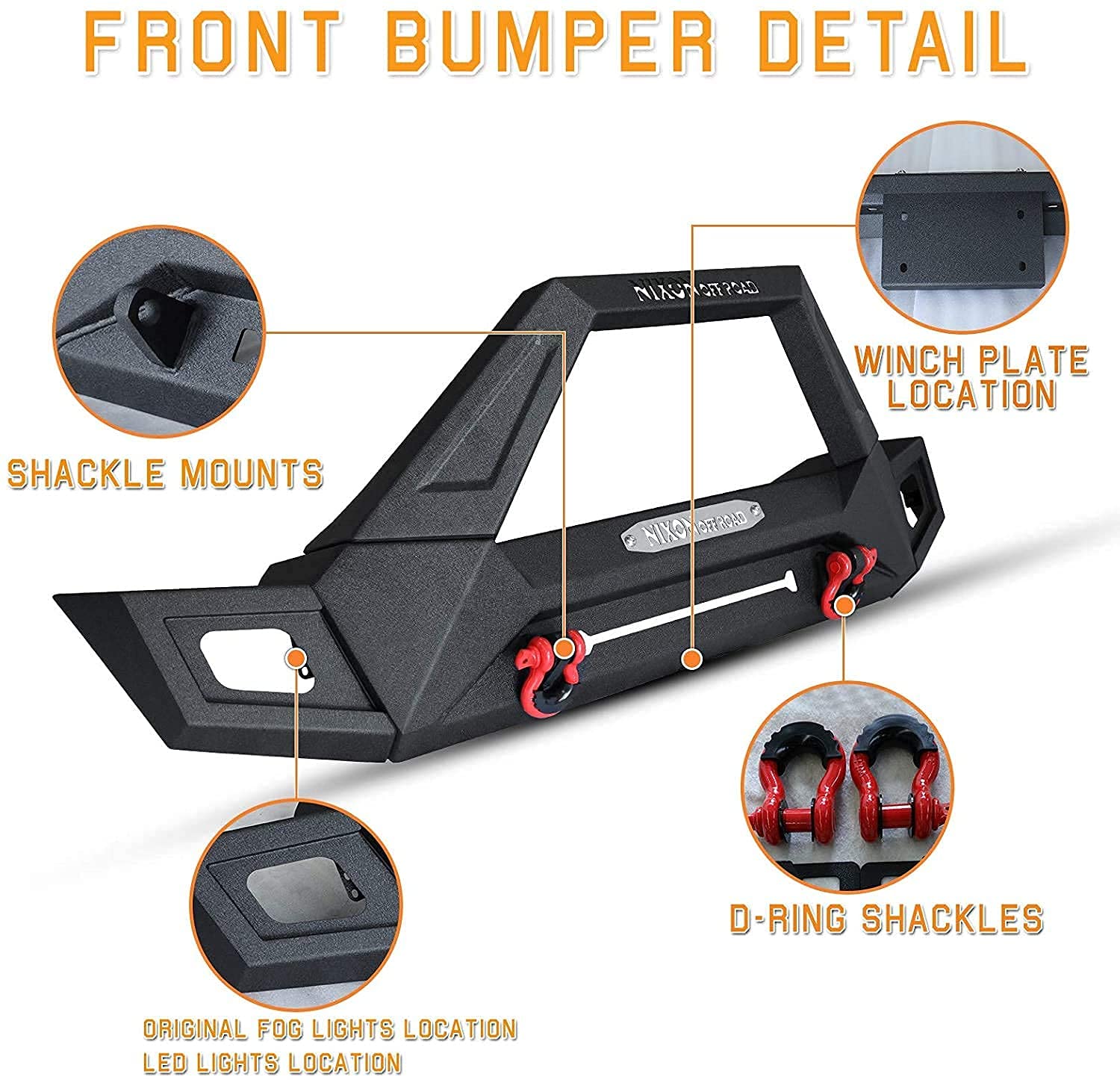 NIXON OFFROAD Front Bumper for Jeep Wrangler JK/JKU 2007-2018 2018-2026 JL/JLU 2019-2026 Gladiator JT Rock Crawler Off-Road Bumper W/Fog Light/Winch Plate Mounts & 2 LED Lights & 2 D-Ring Shackles