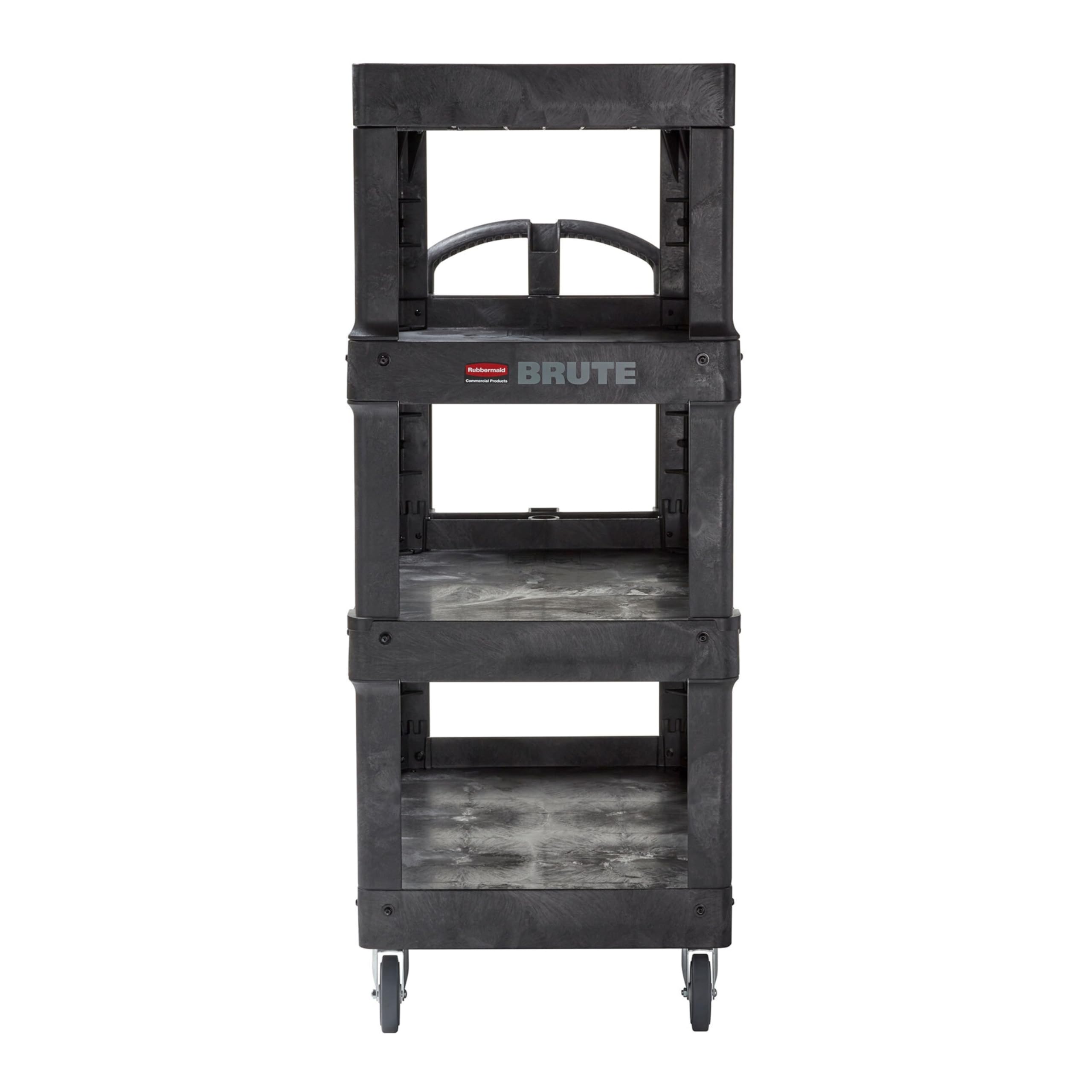 Rubbermaid Commercial Products 4-Shelf Quad Utility/Service Cart, Heavy Duty Large, Lipped Shelf, Ergonomic Handle, 700 lbs. Capacity, for Warehouse/Garage/Cleaning/Manufacturing (2128657) Black
