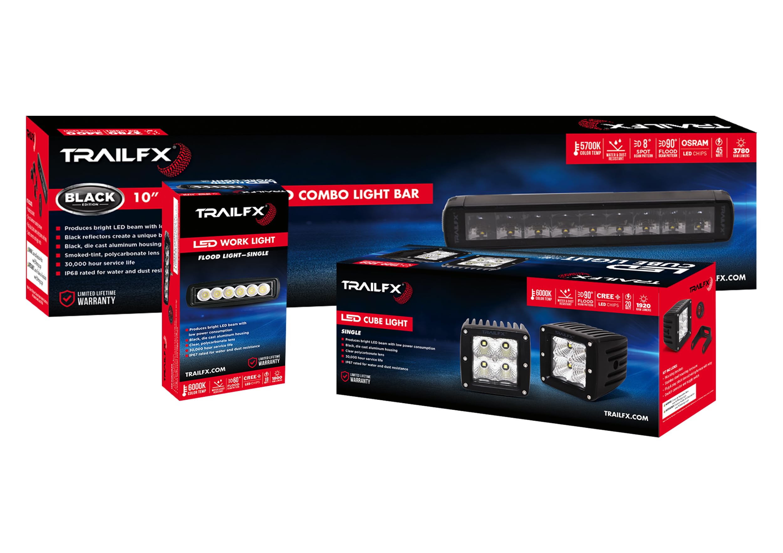 50 Inch Trailfx LED Light Bar 288W Combo Spot Flood Beam 96 CREE LEDs 25920 Raw Lumens, Black Aluminum Housing Polycarbonate Lens Wiring Harness and Mounting Brackets Included