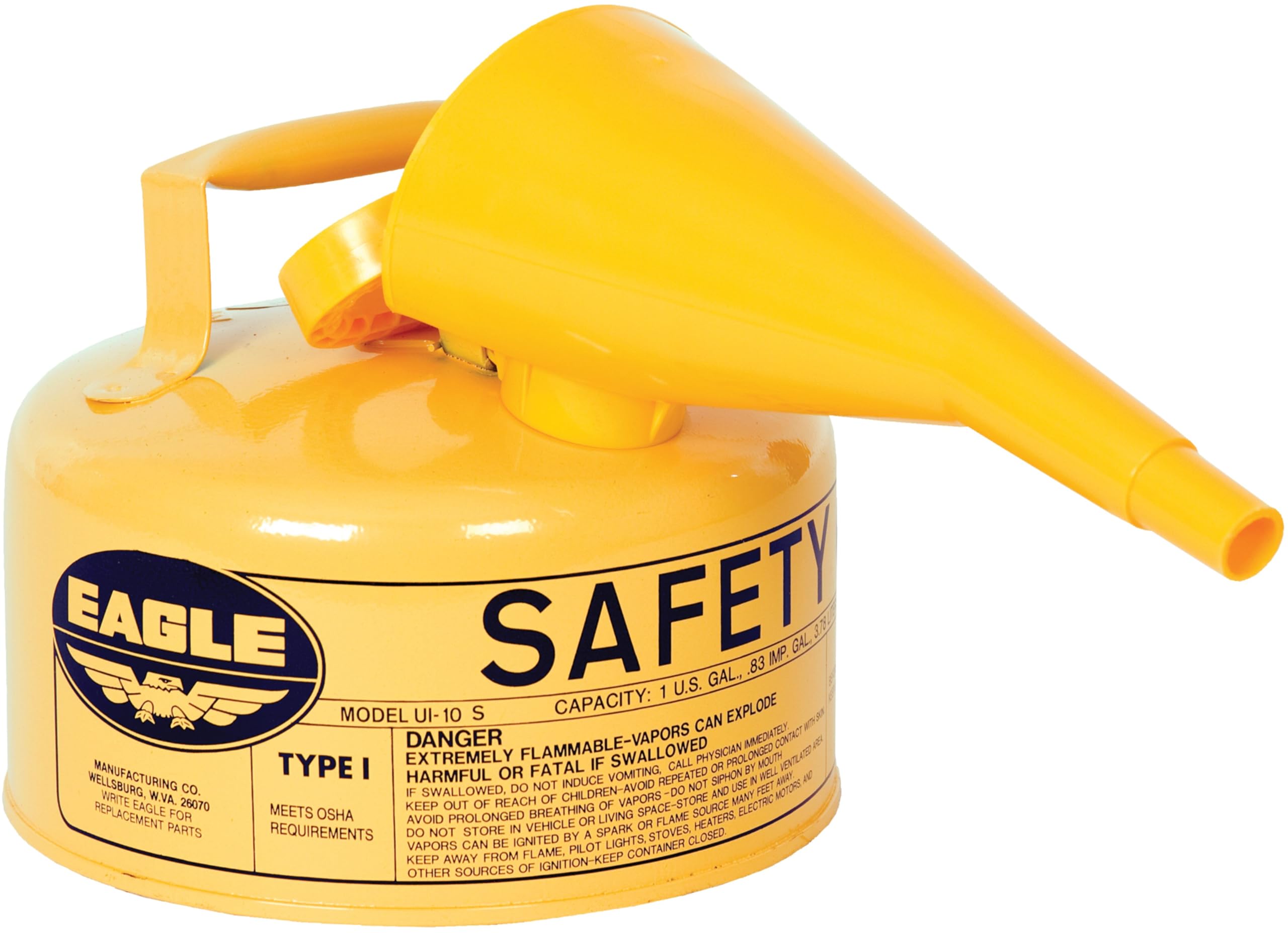 Eagle 1 Gallon Yellow Type I Safety Gas Can for Diesel with Flame Arrester, Self-Closing Lid, and F-15 Funnel, Made in the USA, Galvanized Steel Flammable Storage Can, UI10FSY