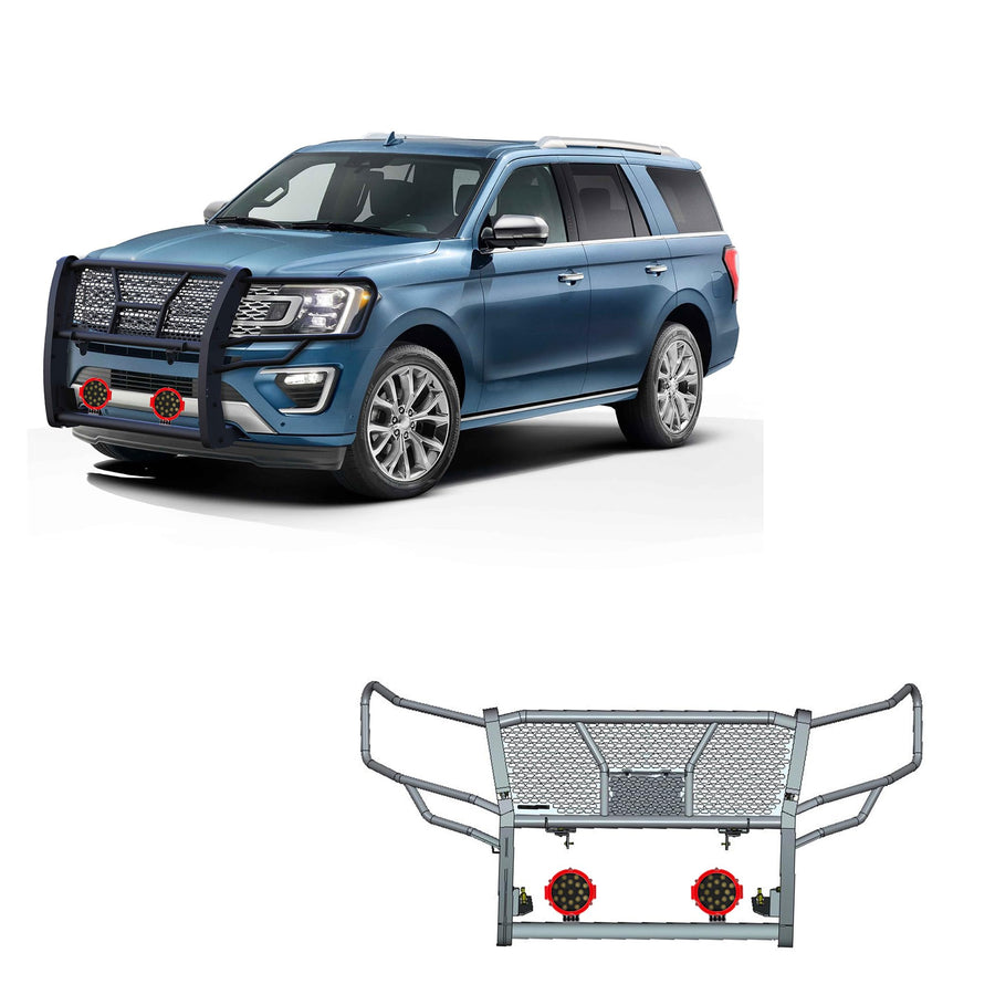 Rugged Black Horse Heavy Duty Grille Brush Bumper Guard Modular Come with Pair of 7.0" Dia.LED Lights with Red Trim Rings Compatible with 2018-2024 Ford Expedition-RU-FOEX18-B-PLR
