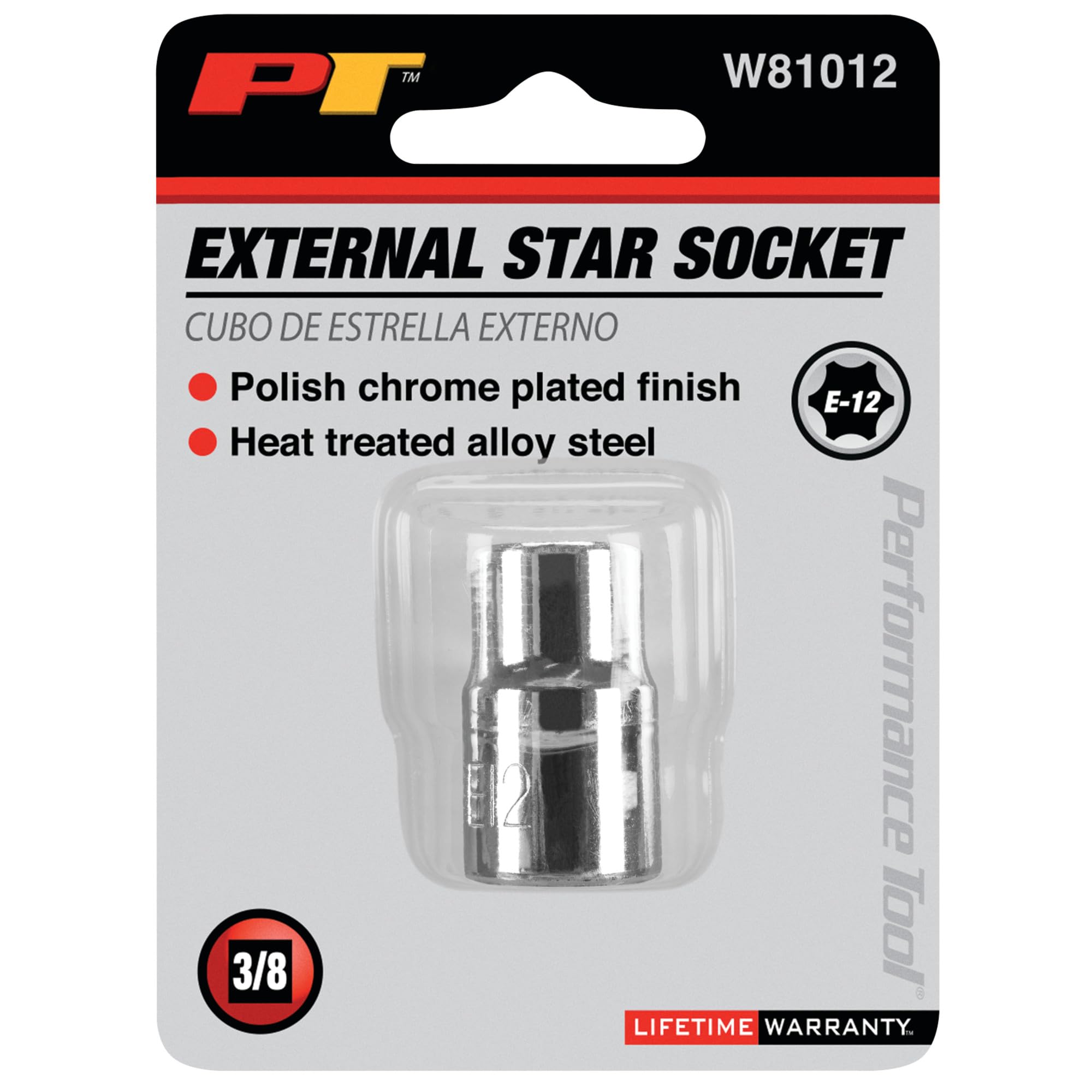 W81012 Performance Tool 3/8-Inch Drive E-12 External Torx Socket, Heat Treated Alloy Steel with Polish Chrome Plated Finish