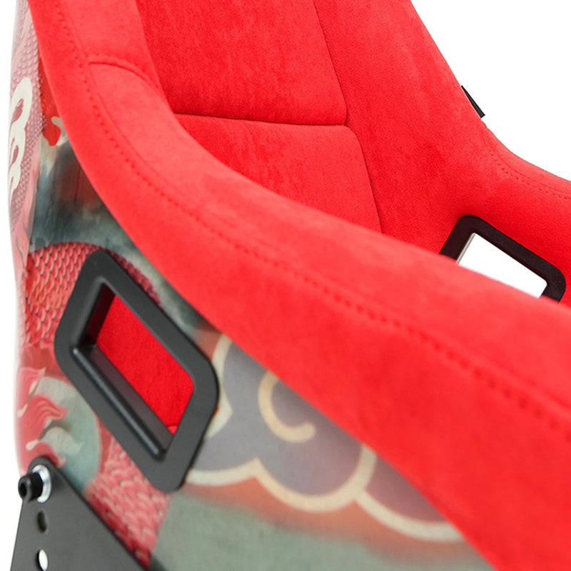 NRG Innovations Universal Fixed Back Bucket Seat NRG-FRP-302RD-DRGN-R, Special Dragon Embroidery Edition Racing Seat, Red Alcantara Seat Cover w/Mount Bracket, Size L