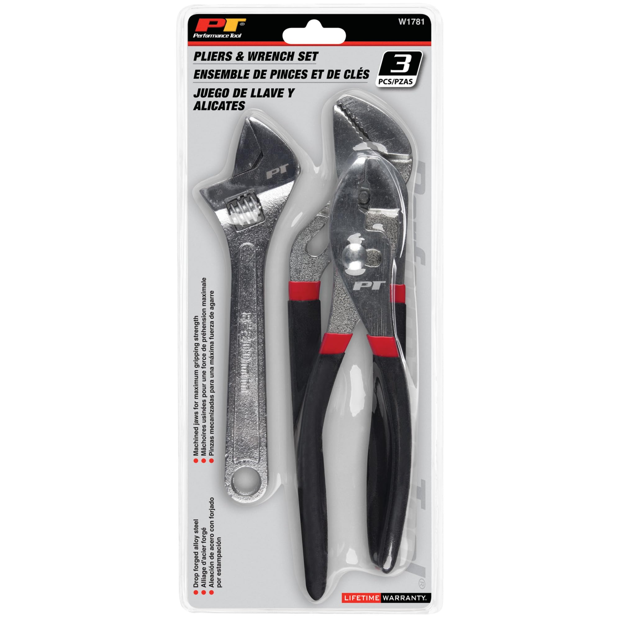 W1781 Performance Tool 3 Pc. Hand Tool Set - Includes Slip Joint Pliers, Adjustable Wrench, Groove Joint Pliers, Cushioned Handles, Drop-Forged Alloy Steel, Black/Red
