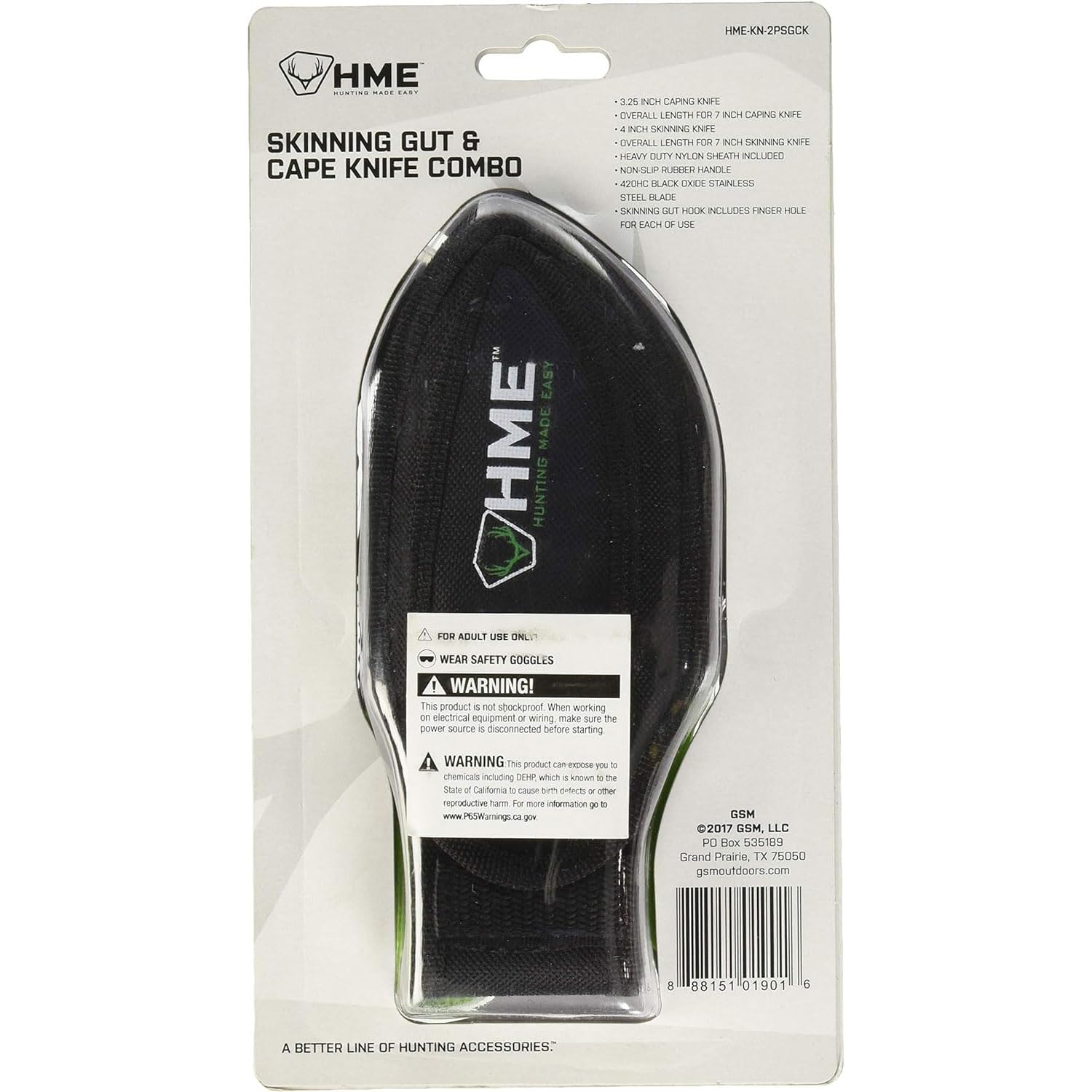 HME Field Skinning 2-Piece Gut/Cape Knife Kit - 3.5" Gut Hook Knife & 3.5" Fixed Blade Knife (420HC Steel) w/Heavy-Duty Sheath