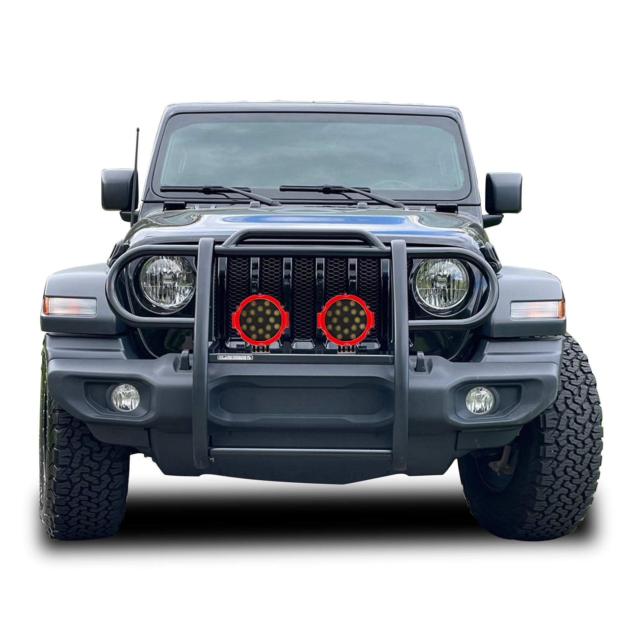 Bumper Guard Modular Black Black Horse Grille brush Come With pair of 7.0"Dia.LED Lights with Red Trim Rings Compatible with 2020-2024 Jeep Gladiator|2018-2024 Jeep Wrangler-17JPJLMA-PLR