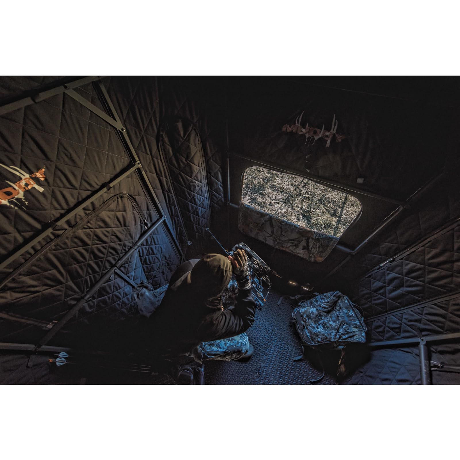 Muddy 360 Soft Side Resistant Heavy-Duty Powder Coated Steel Hunting Blind - Insulated Fabric Walls, Floor Pad, Silent Zipper Window System w/Sliding Mesh Backing - 10ft Deluxe Tower Platform