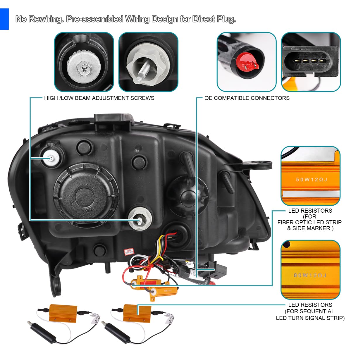 Smoke SPEC-D TUNING Projector Headlights with LED Sequential Turn Signals Compatible with 2009-2011 Mercedes Benz W164 ML320, Left + Right Pair Headlamp Assembly