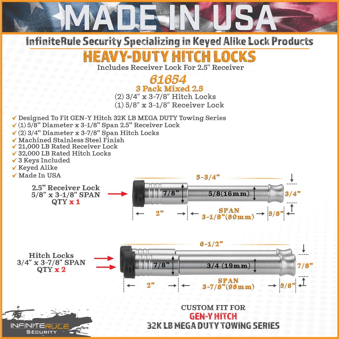3 Pack Mixed Hitch Locks for Gen-Y Hitch Mega Duty 32K LB Series, Keyed Alike - Includes Lock for 2.5" Receiver