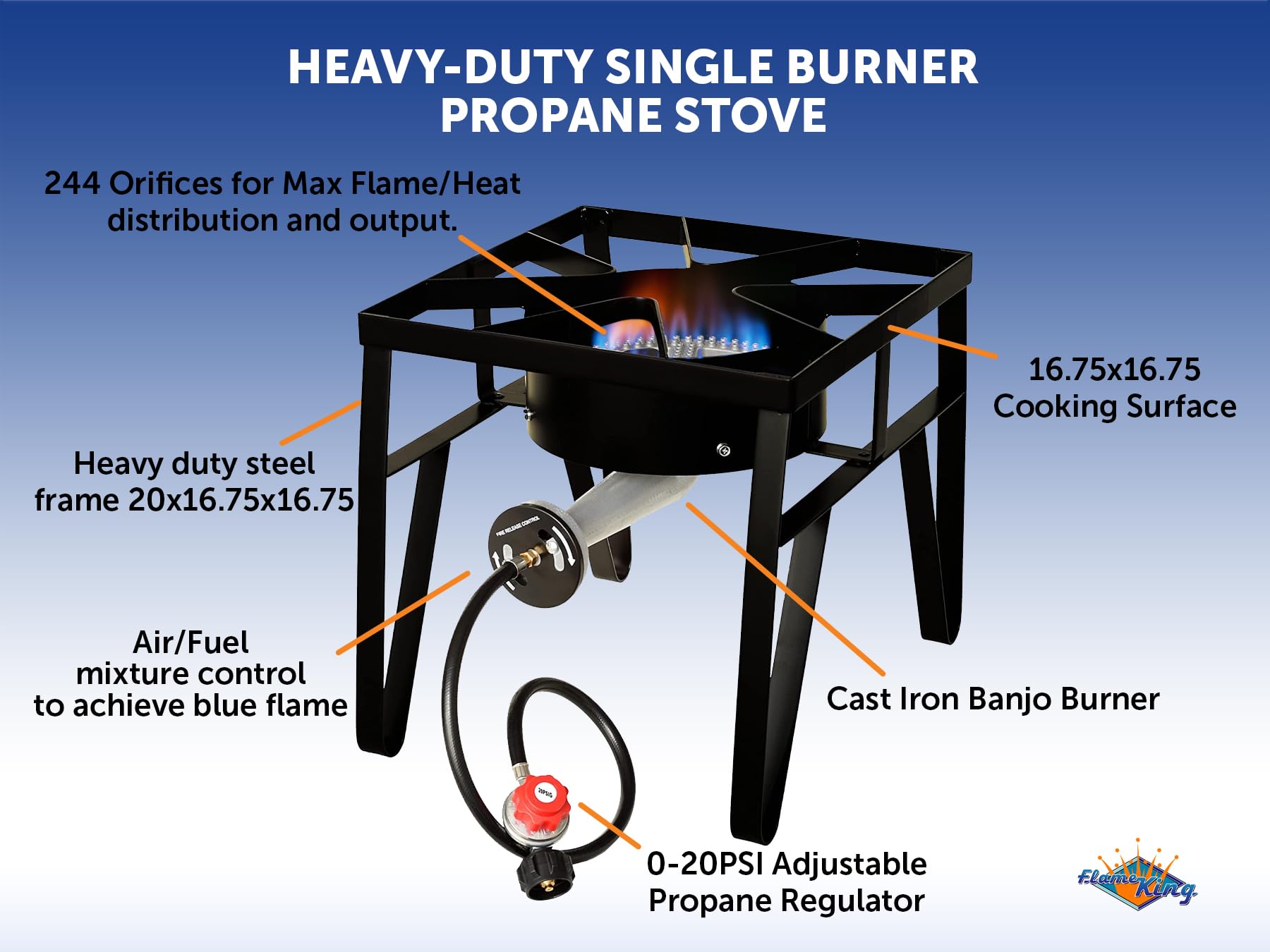 Flame King 200K BTU Heavy Duty, 0-20 PSI, Propane Gas Single Burner Bayou Cooker Outdoor Stove for Home Brewing, Turkey Fry, Maple Syrup Prep, Cajun Cooking, Black