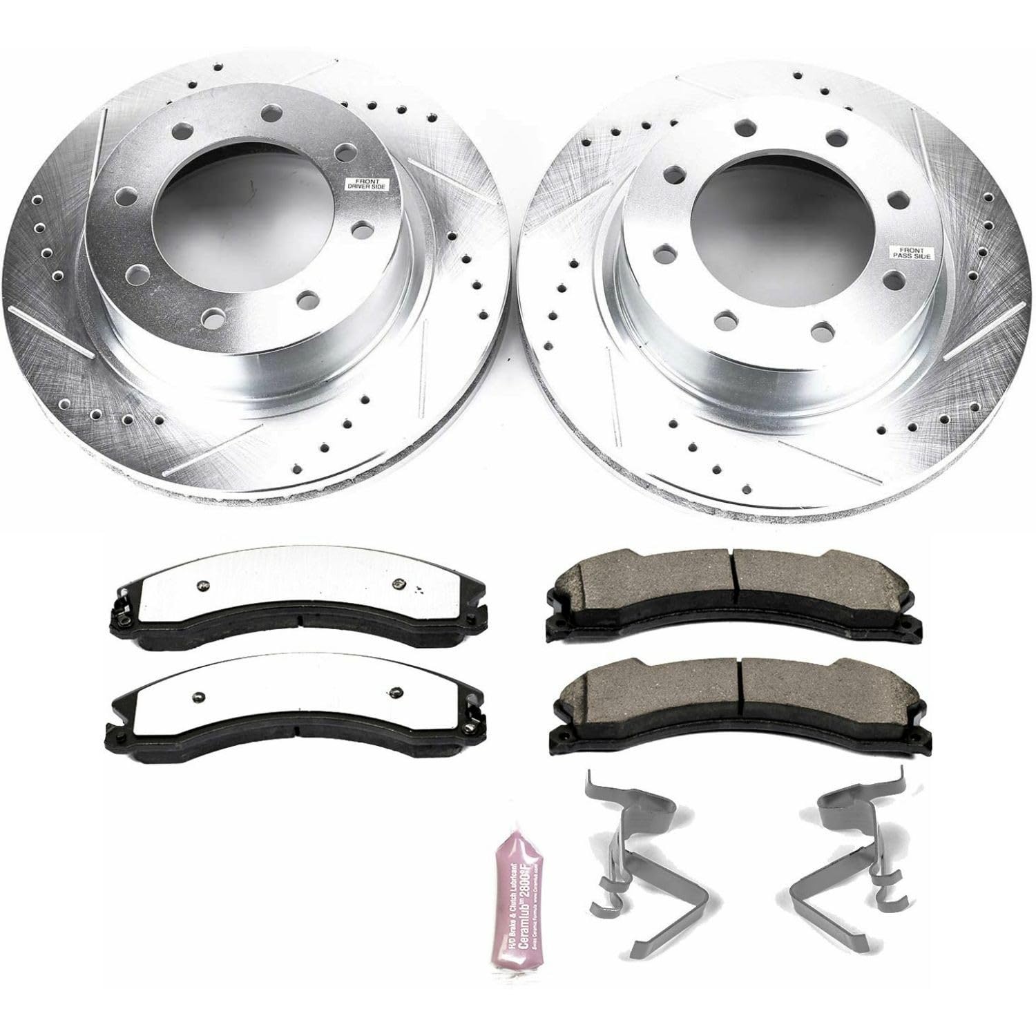 Front Brake Kit Power Stop For 2012 2013 2014 2015 2016 2017 2018 2019 2020 2021 Nissan NV1500 - Truck & Tow Carbon Fiber Ceramic Brake Pads & Drilled and Slotted Rotors Replacement, K6518-36